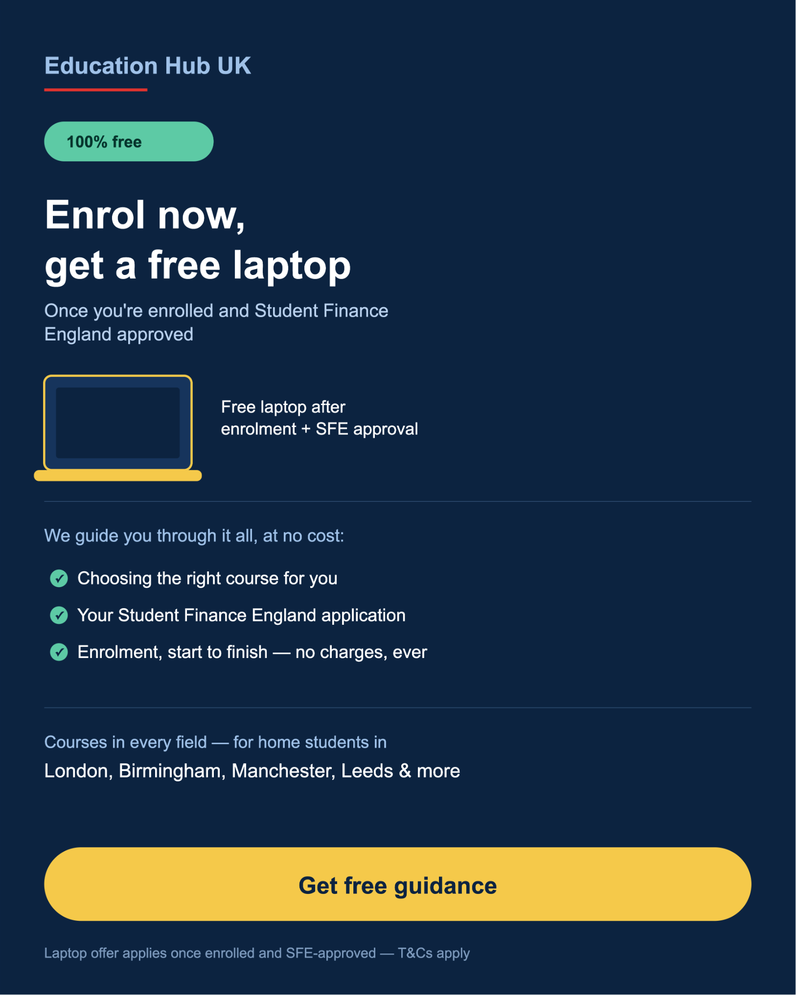 Education Hub UK Facebook ad: Enrol now, get a free laptop