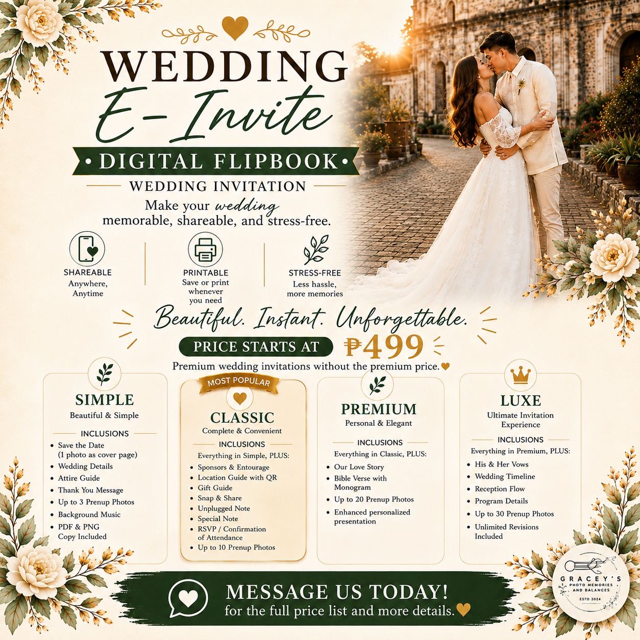 Gracey's Digital Product And Services Facebook ad: YOUR DREAM WEDDING INVITATION-NOW DIGITAL!
