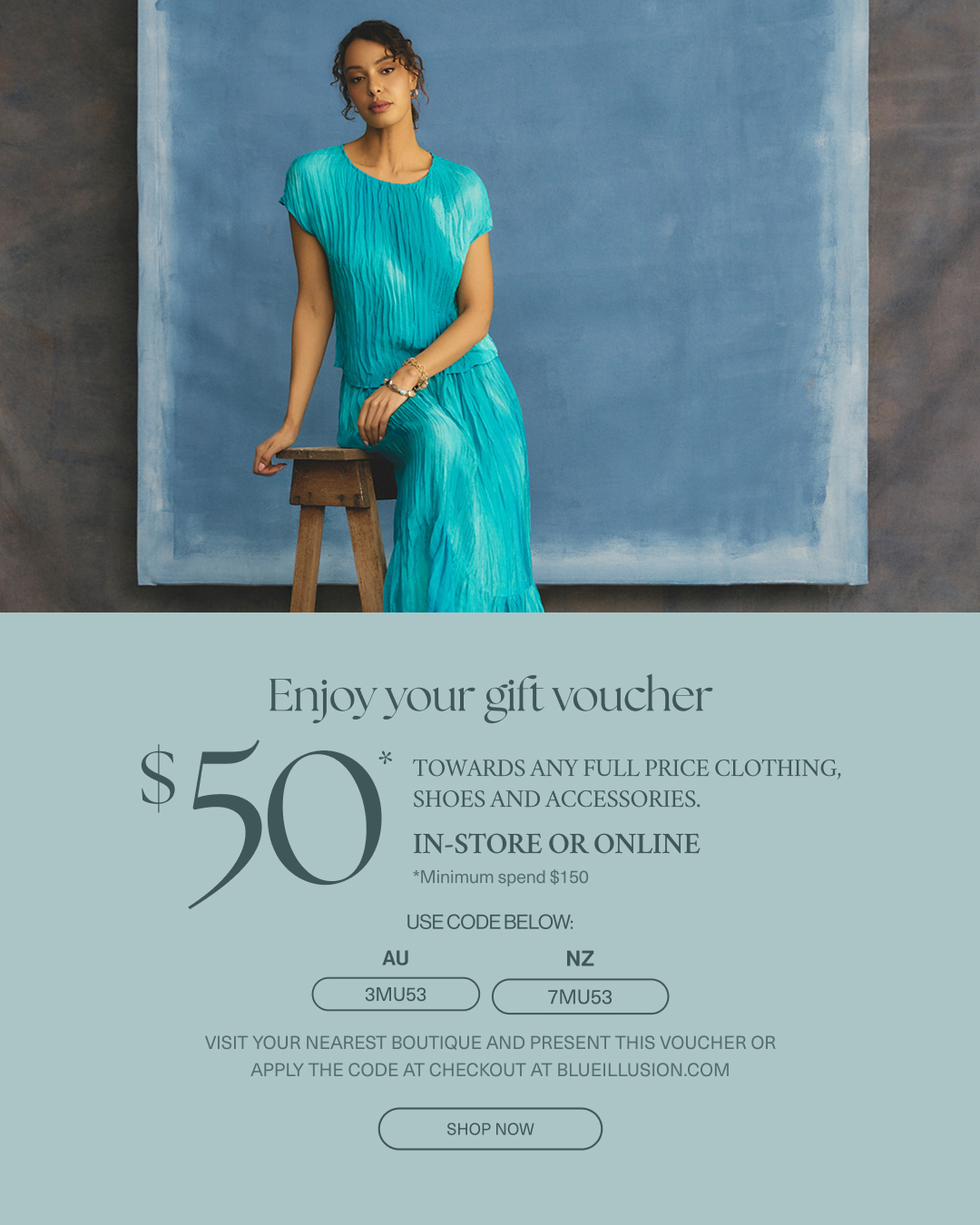 Blue Illusion Facebook ad: Use Code 3MU53 at Checkout
