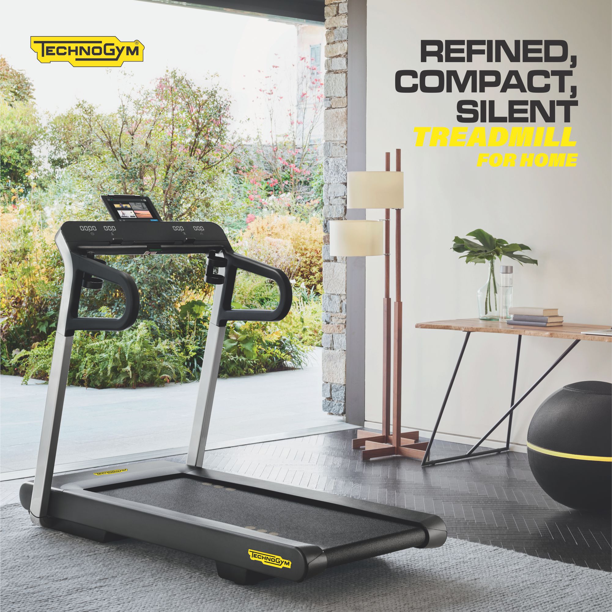 Technogym Facebook ad: Refined, Compact, Silent, with a wide running surface.