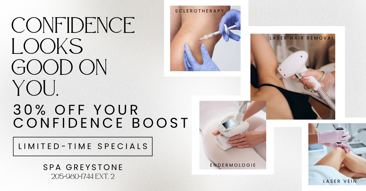 Spa Greystone Facebook ad: 30% Off Confidence Boosting Treatments