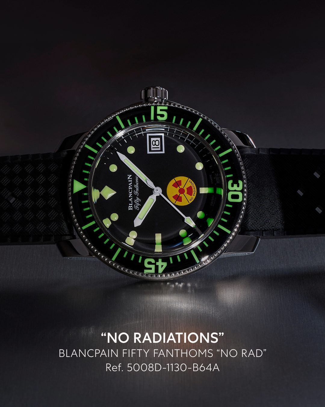 Bucherer Certified Pre-Owned Facebook ad: The vivid No Radiations emblem at 6 o’clock…