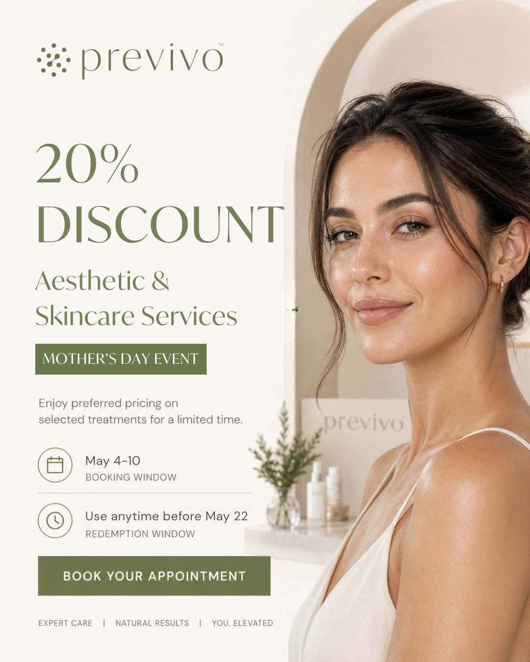 Previvo Facebook ad: Mother's Day, 20% Off Aesthetic Medicine
