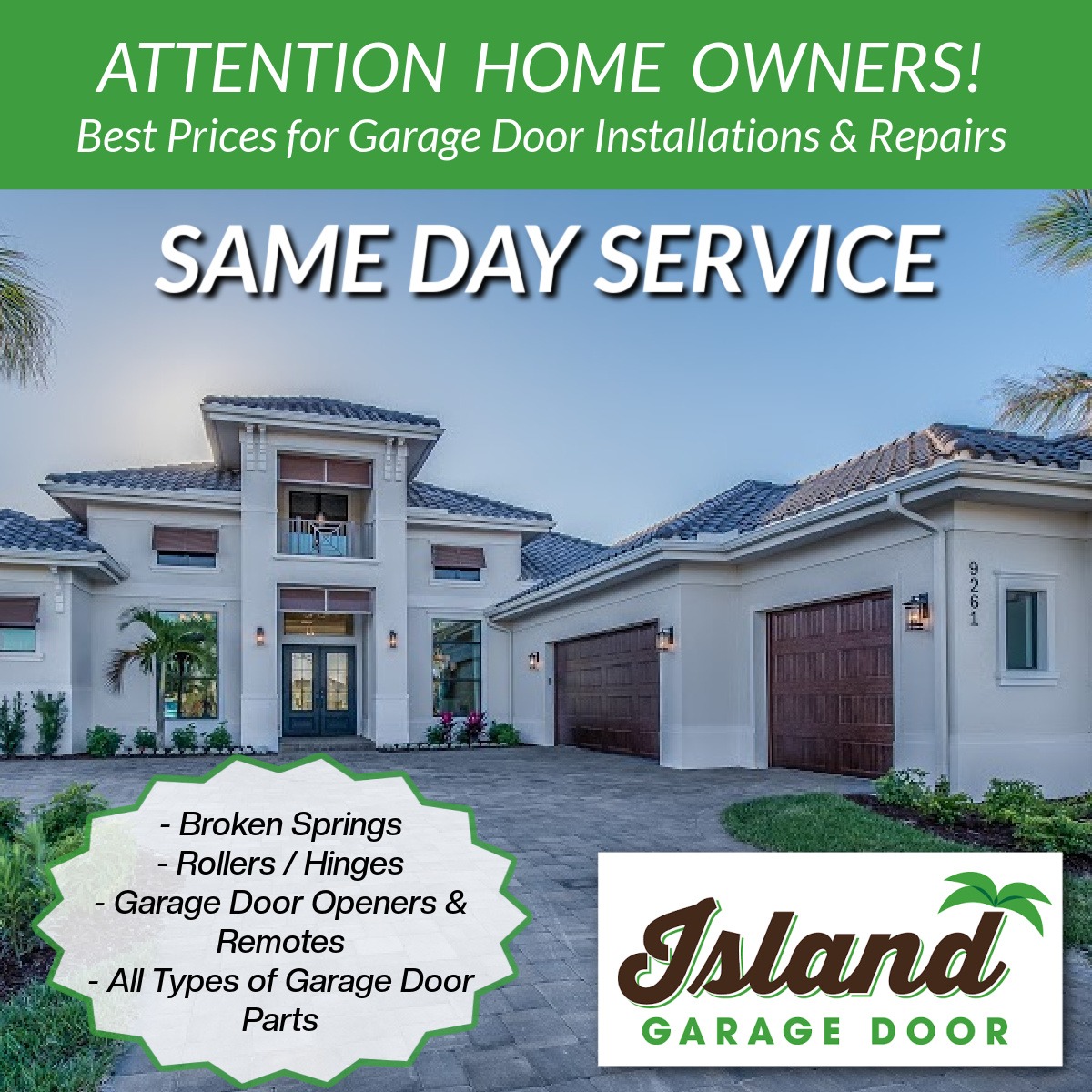 Island Garage Door Facebook ad: Our expert technicians reach you quickly (usually within…