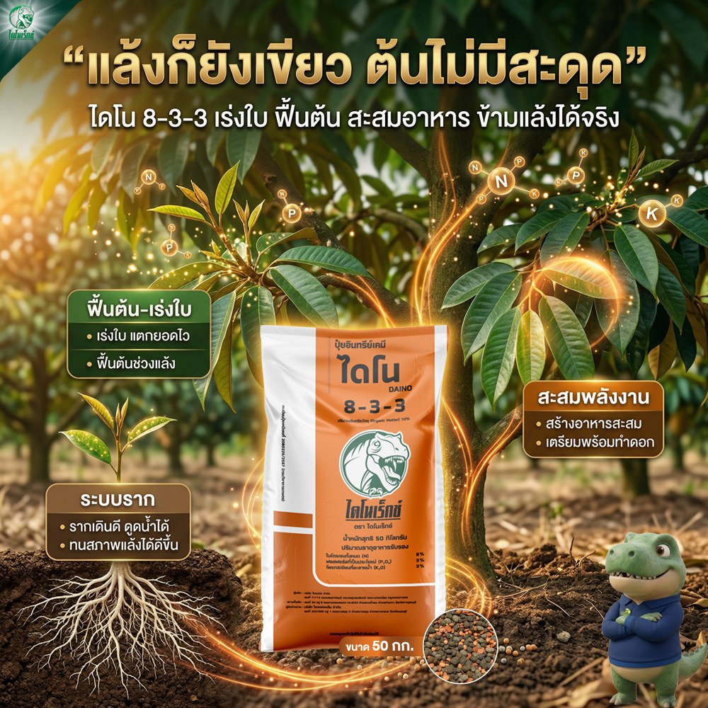 สารปรับปรุงดิน ไดโนเร็กซ์ Facebook ad: ปุ๋ยอินทรีย์เคมี ไดโน สูตร 8-3-3 ตราไดโนเร็กซ์