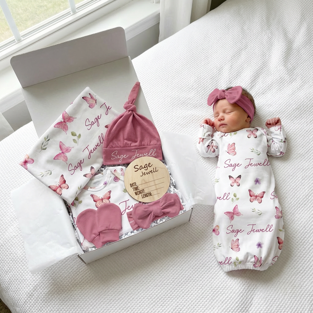 Prettybirds Facebook ad: Complete Personalized Baby Girl Set, Swaddle, gown, hat…
