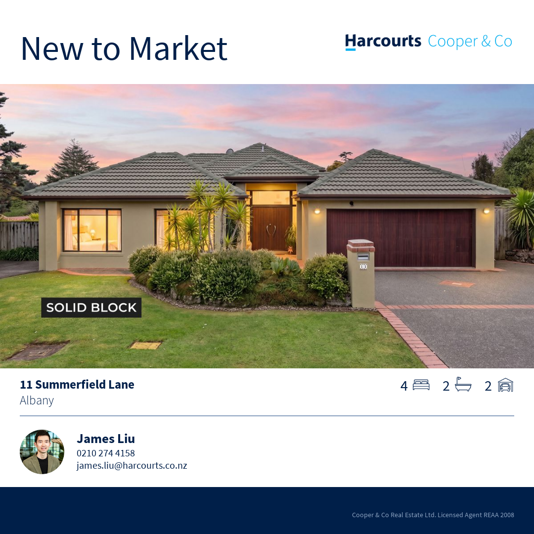 James Liu-Harcourts Cooper & Co Facebook ad: 11 Summerfield Lane, Albany