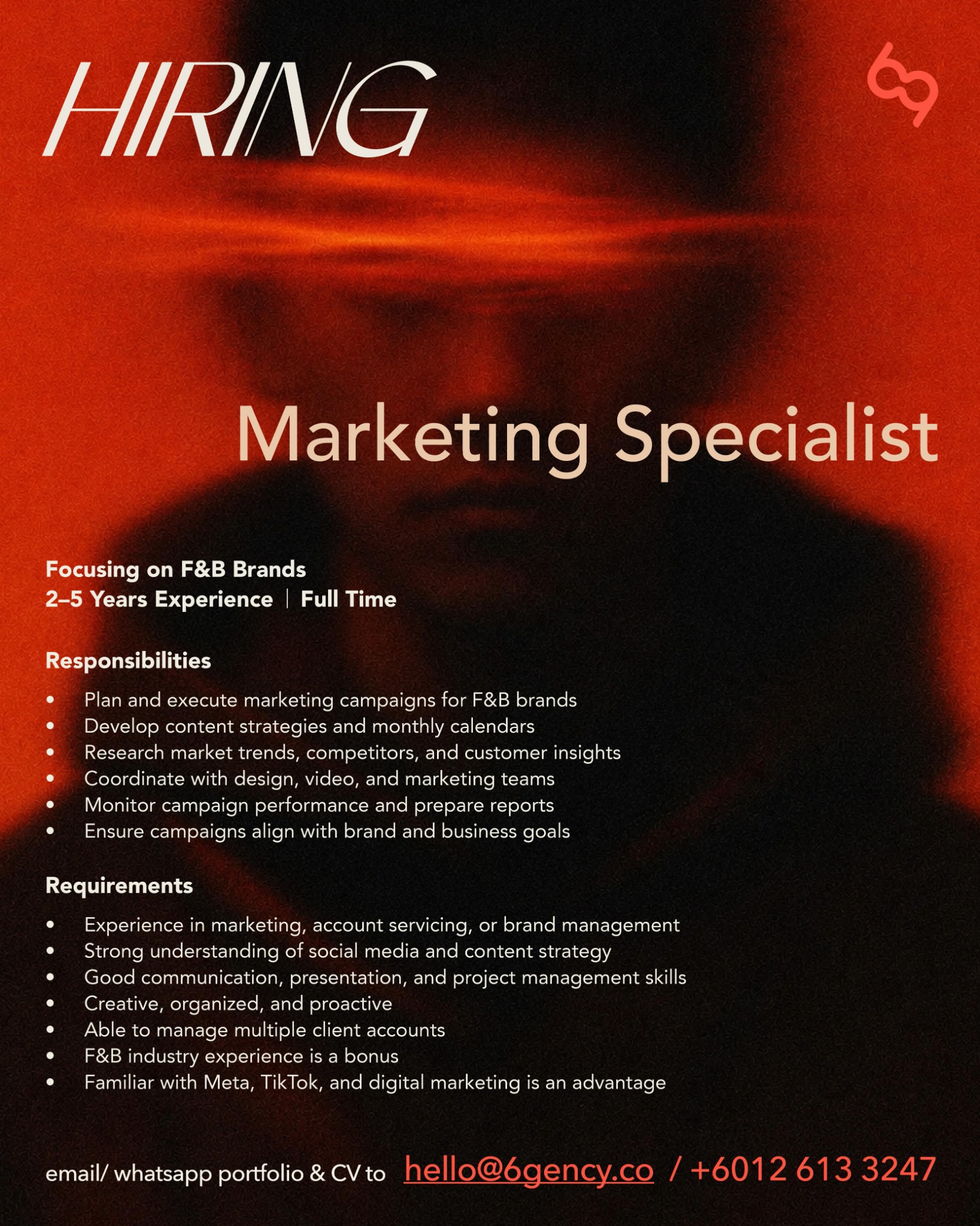 6gency Creative 品牌营销 Facebook ad: WE’RE HIRING | Marketing Specialist