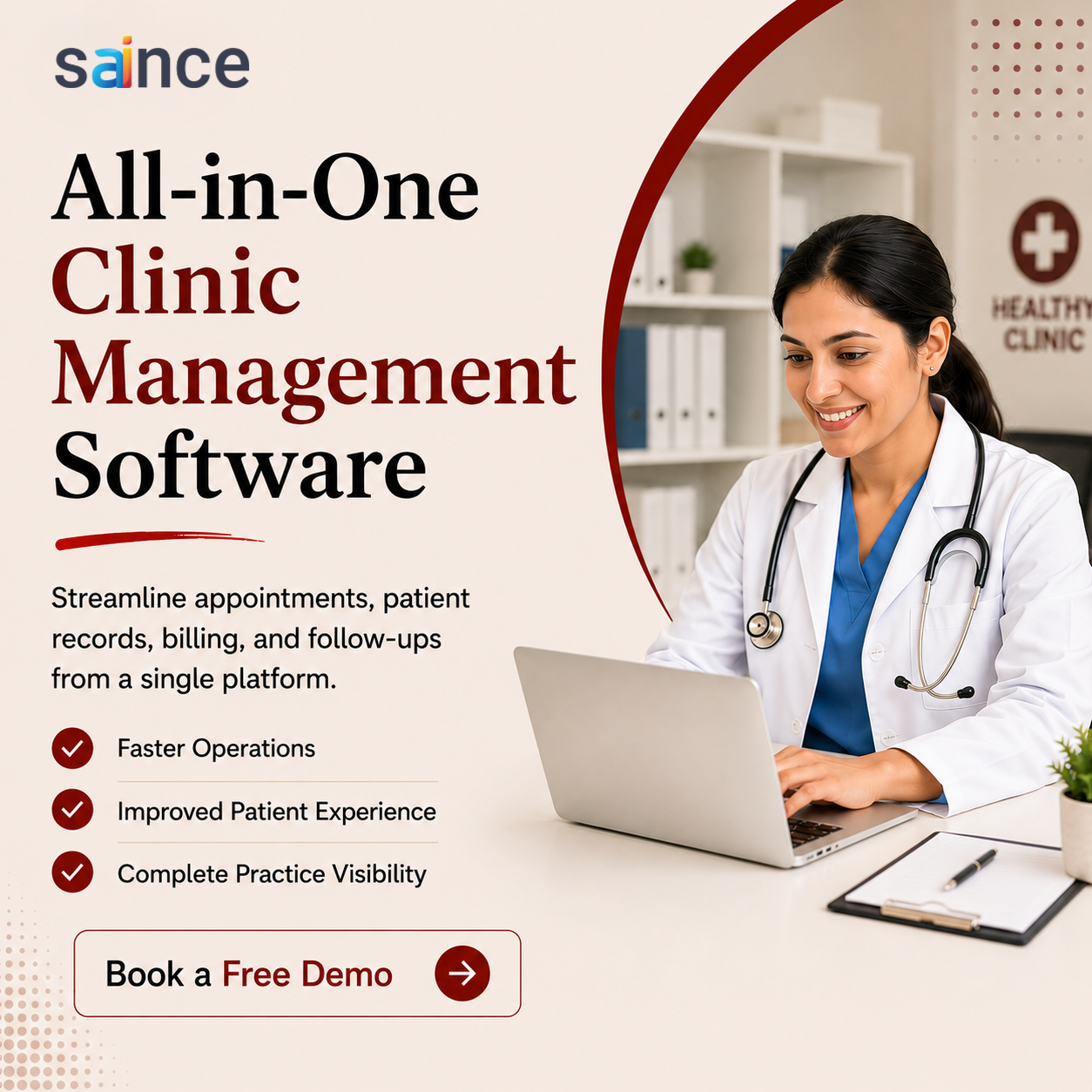 Saince HealthTech Facebook ad: Book your Free Demo