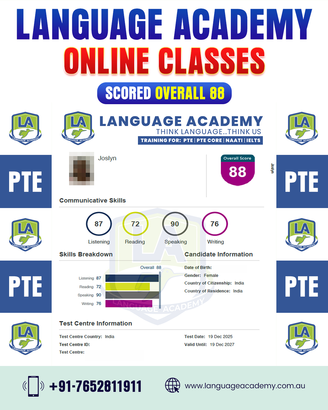 LA-Language Academy PTE IELTS NAATI Experts India Facebook ad: Achieve your PTE Dream Score with Language Academy