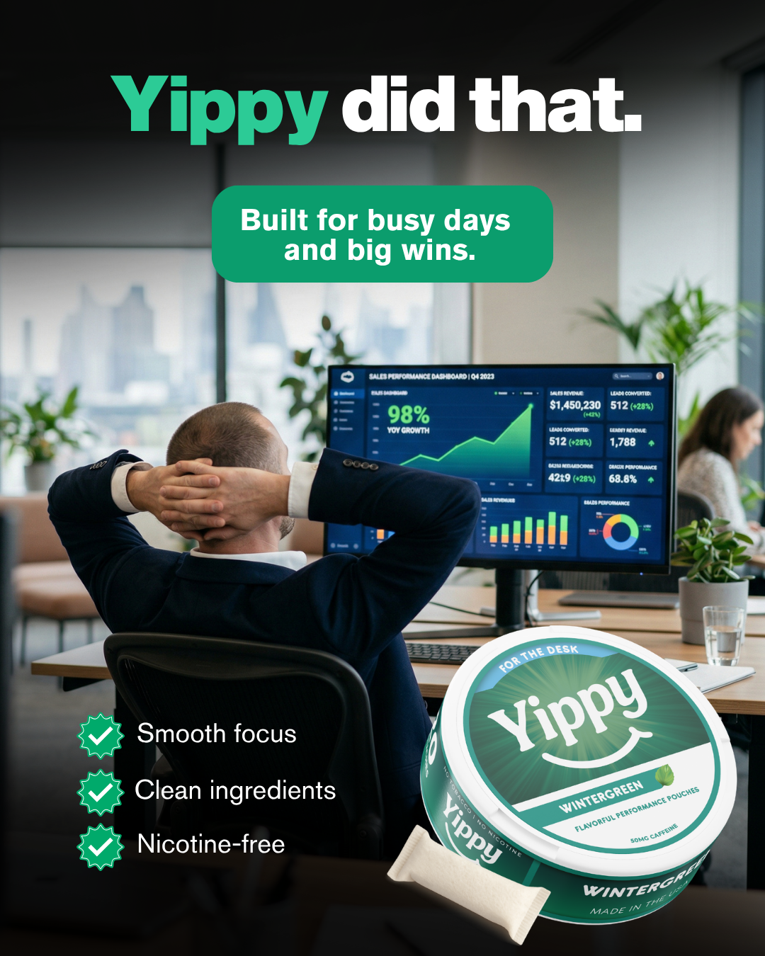 Yippy Facebook ad: Nicotine free focus. Save 10% today