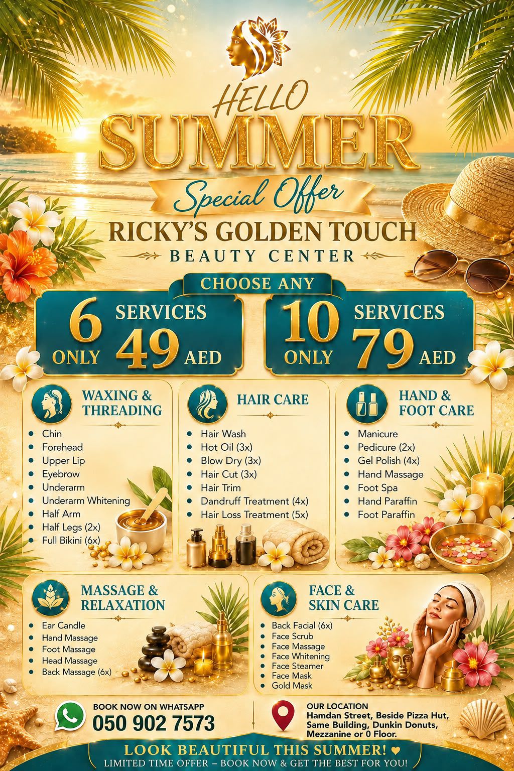 Rickys Golden Touch Beauty Center Facebook ad: HELLO SUMMER, BEAUTY DEALS YOU CAN’T MISS!