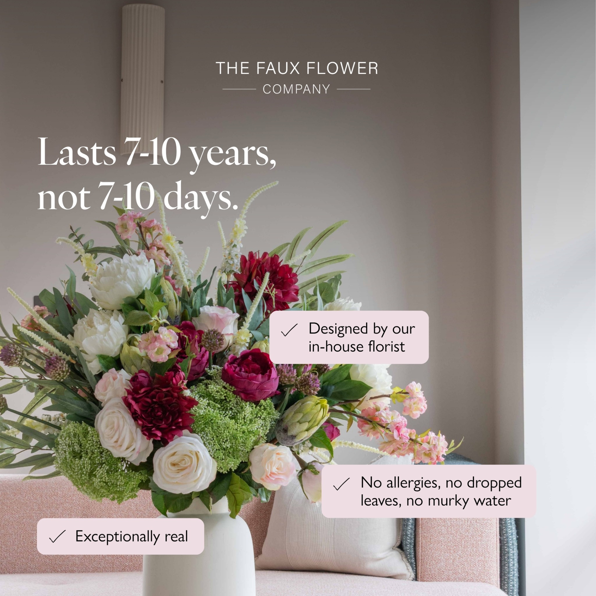 The Faux Flower Company Facebook ad: Buy once. Last for a decade.