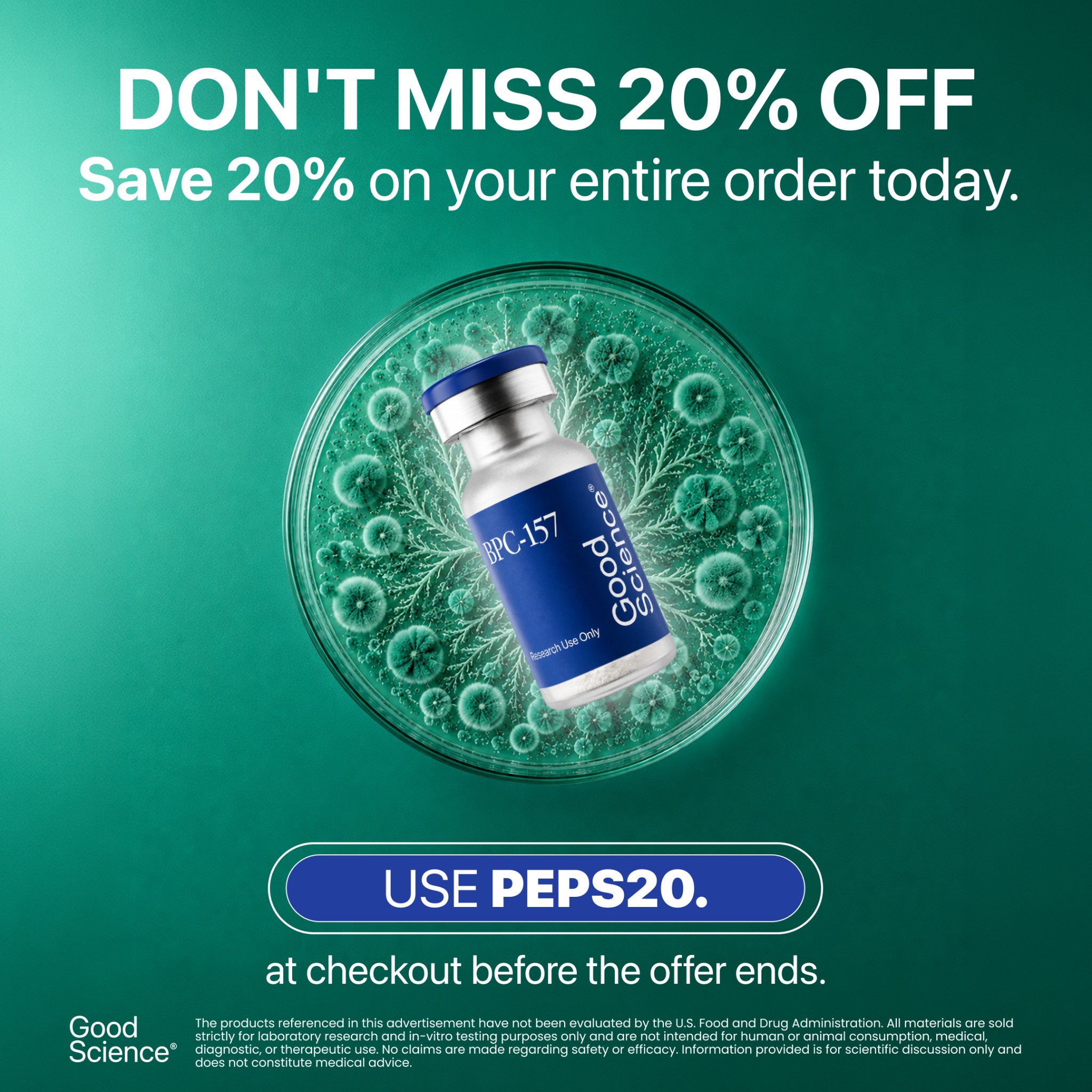 Good Science Facebook ad: One Code. Big Savings. 20% Off With PEPS20 | Good Science