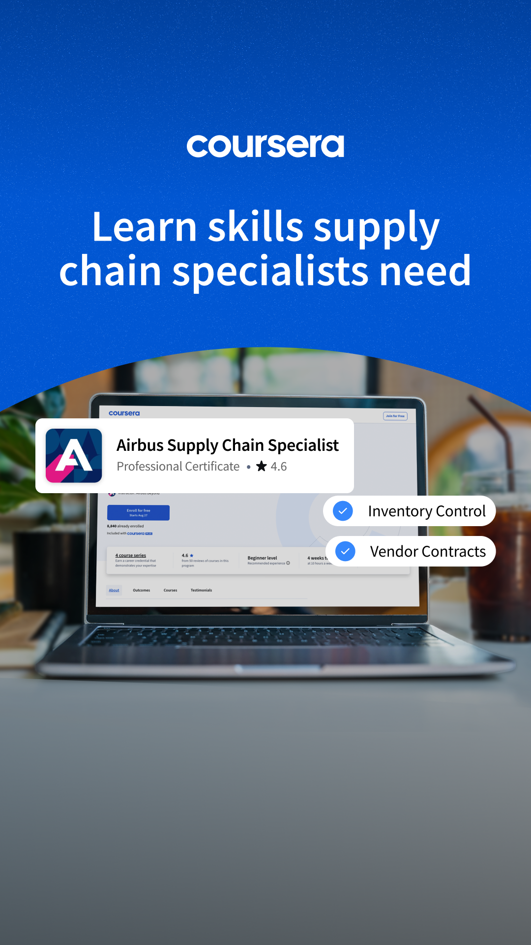 Coursera Facebook ad: Learn supply chain essentials from Airbus