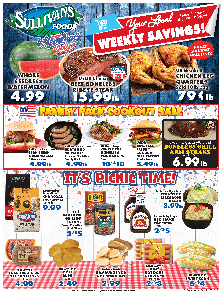Sullivans Foods Facebook ad: MEMORIAL DAY SAVINGS ARE SIZZLING at Sullivan’s Foods!