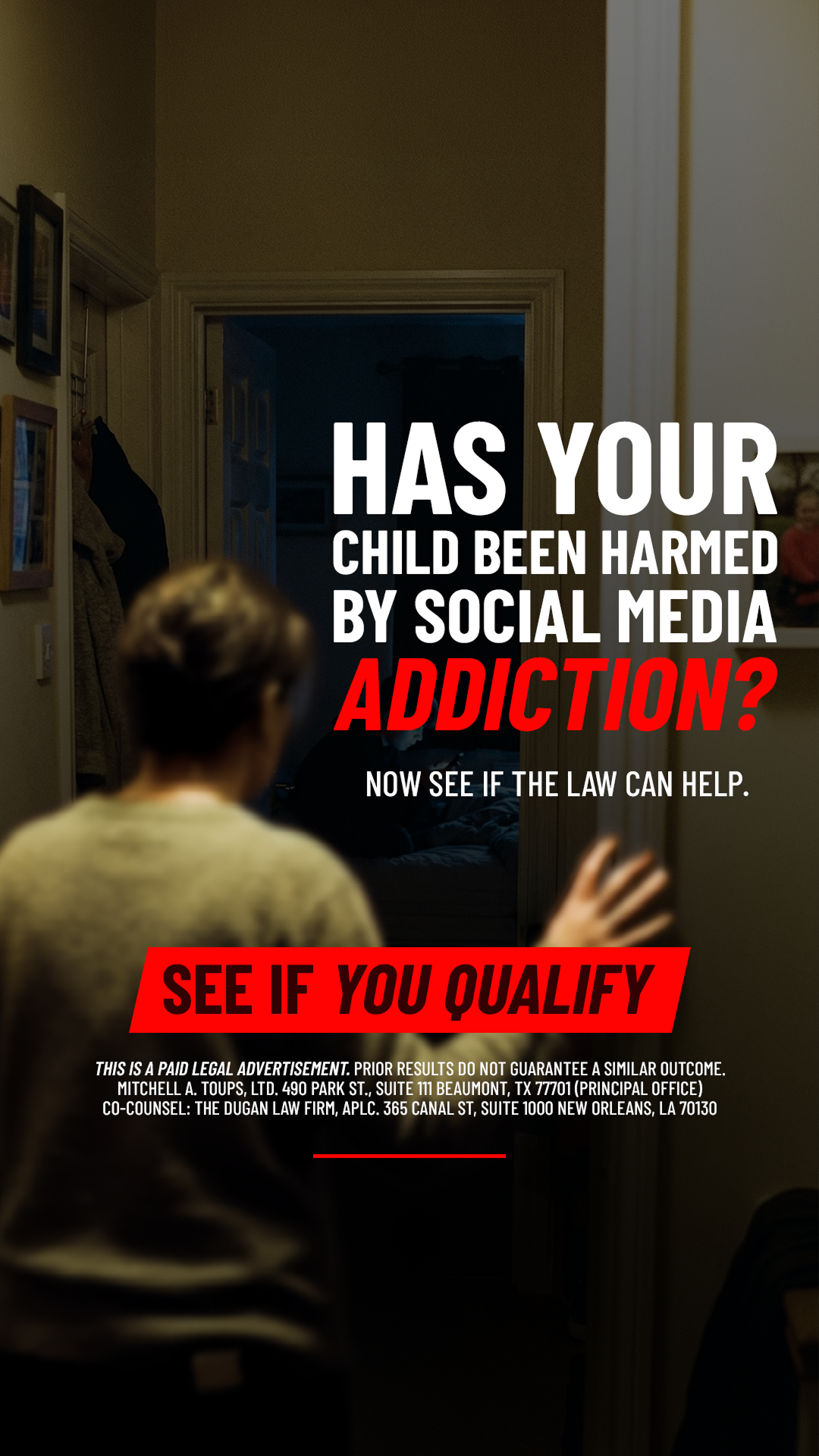 Social Media Victim Helpline Facebook ad from Mar 23, 2026