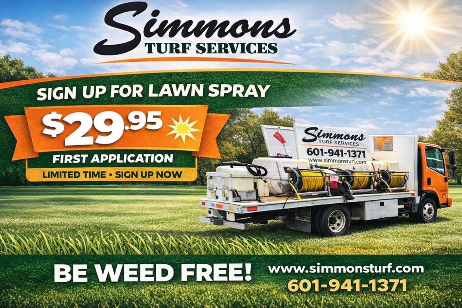 Simmons Turf Services Facebook ad: $29.95 FIRST APPLICATION
