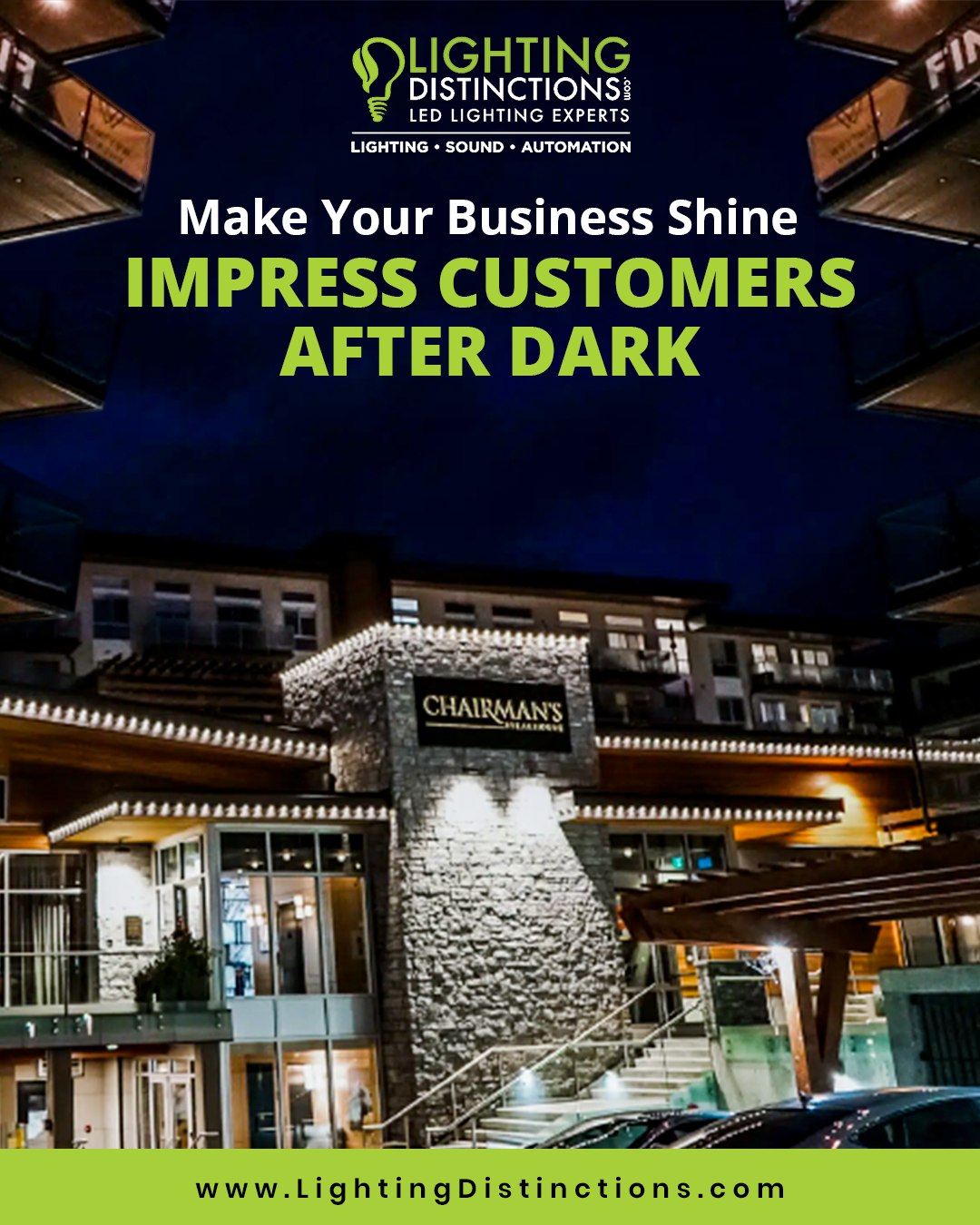 Lighting Distinctions Facebook ad: Make your commercial space pop at night with…