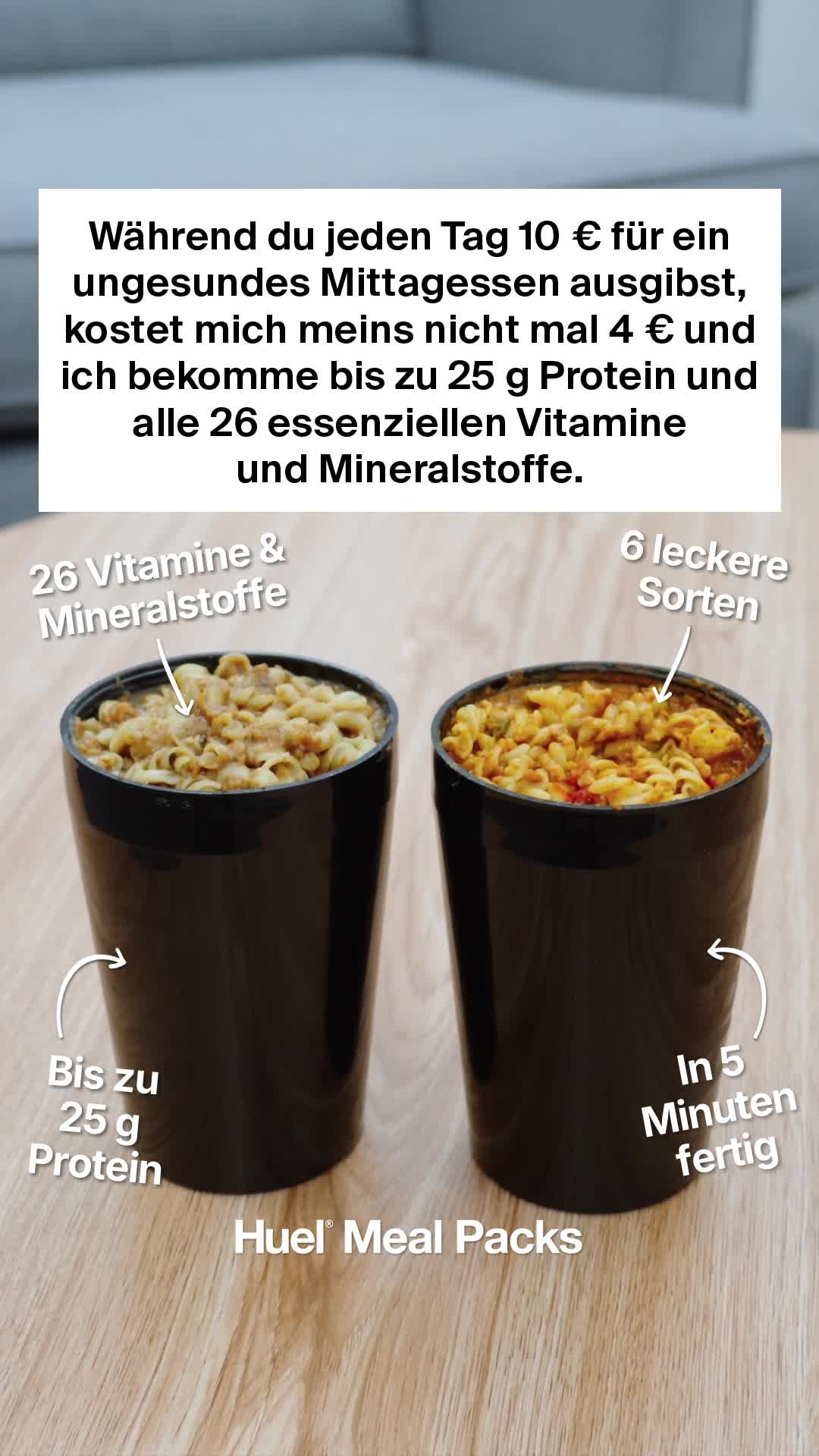 Huel Facebook ad: Mittagsprobleme? Gegessen.