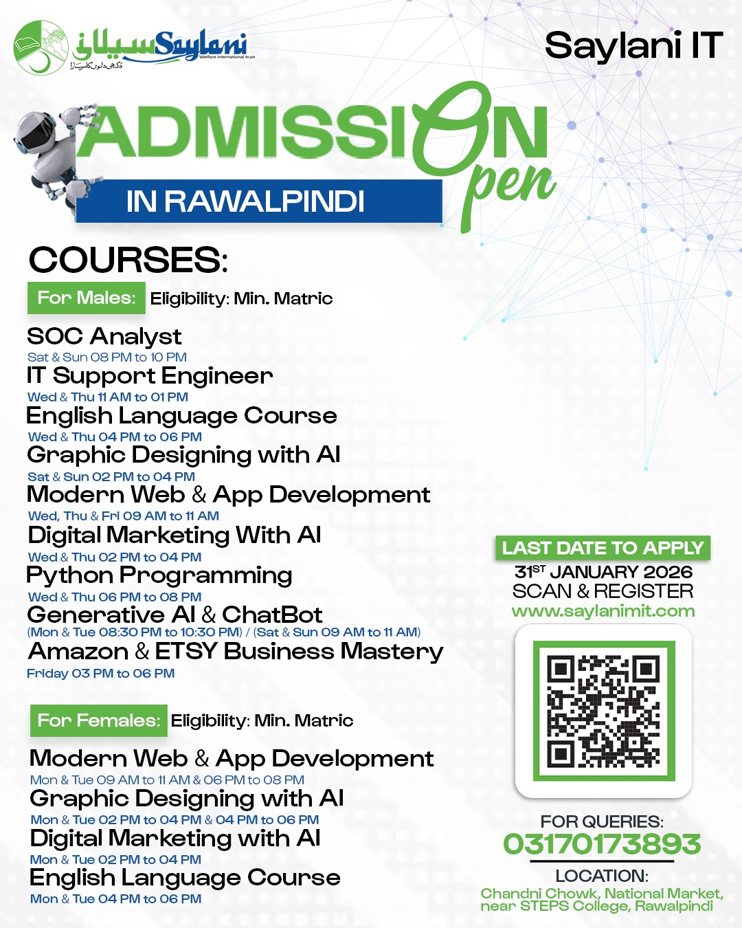 Saylani Mass I.T. Training Facebook ad: Admissions Open, Saylani IT Training Program (Rawalpindi)
