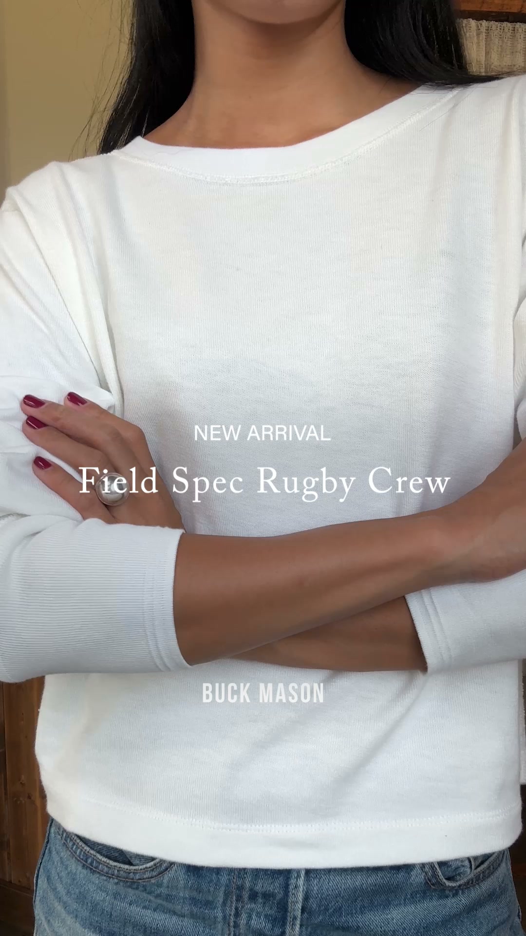 Buck Mason Women's Facebook ad: Field-Spec Boyfriend Crop Rugby Crew