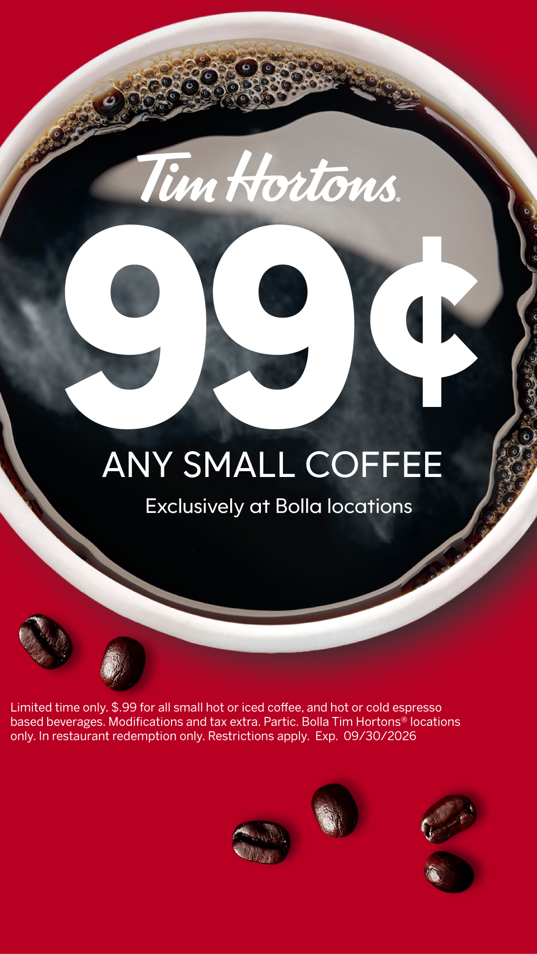 Tim Hortons Cafe and Bake Shop Facebook ad: Fresh coffee, 99¢