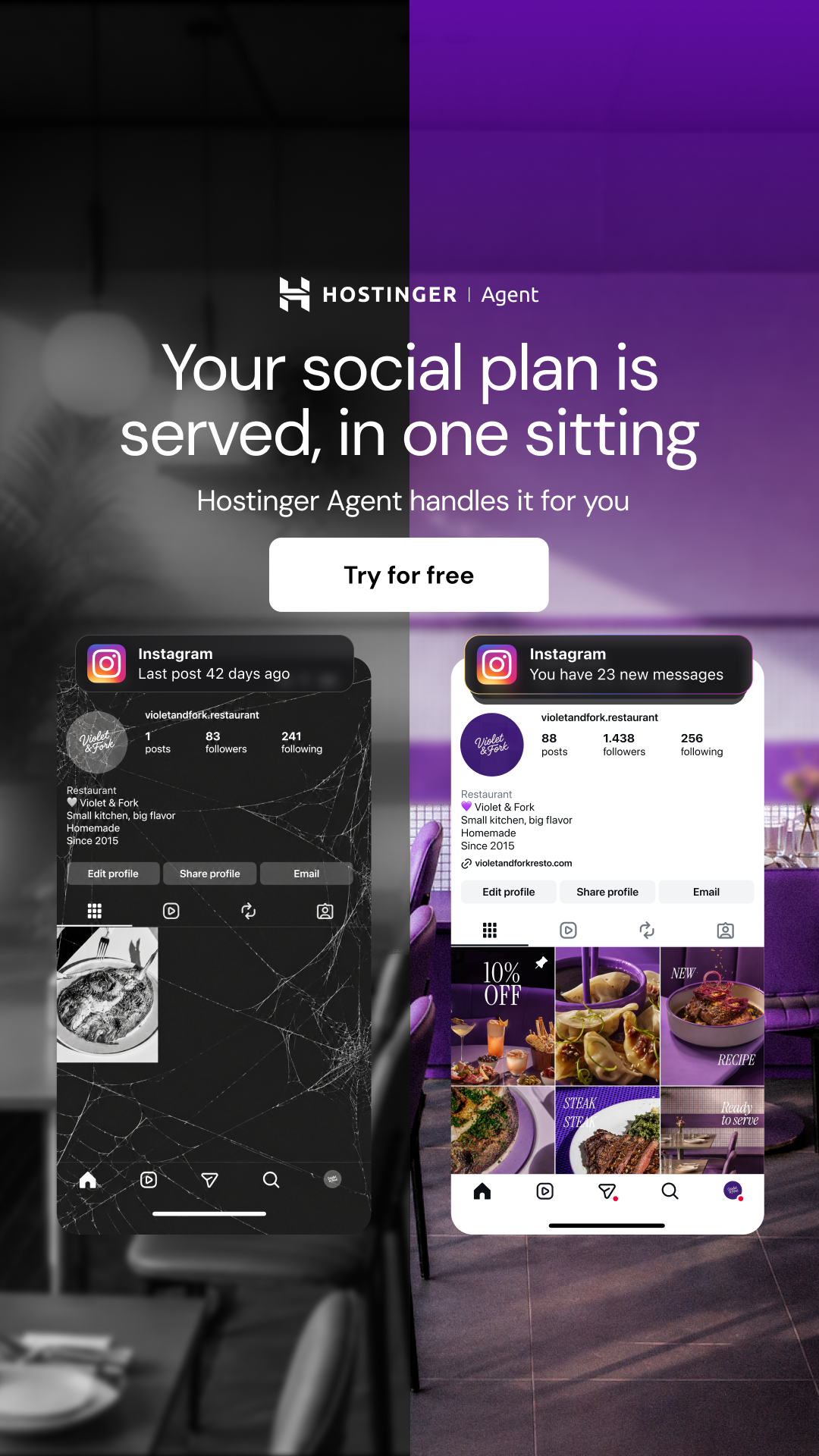 Hostinger Facebook ad: Try Hostinger Agent free for 7 days