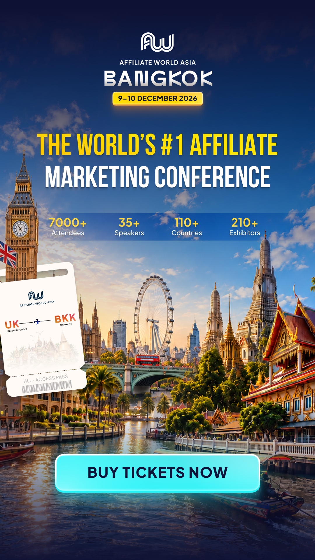 Affiliate World Conferences Facebook ad: Next stop: Bangkok. The industry is boarding.