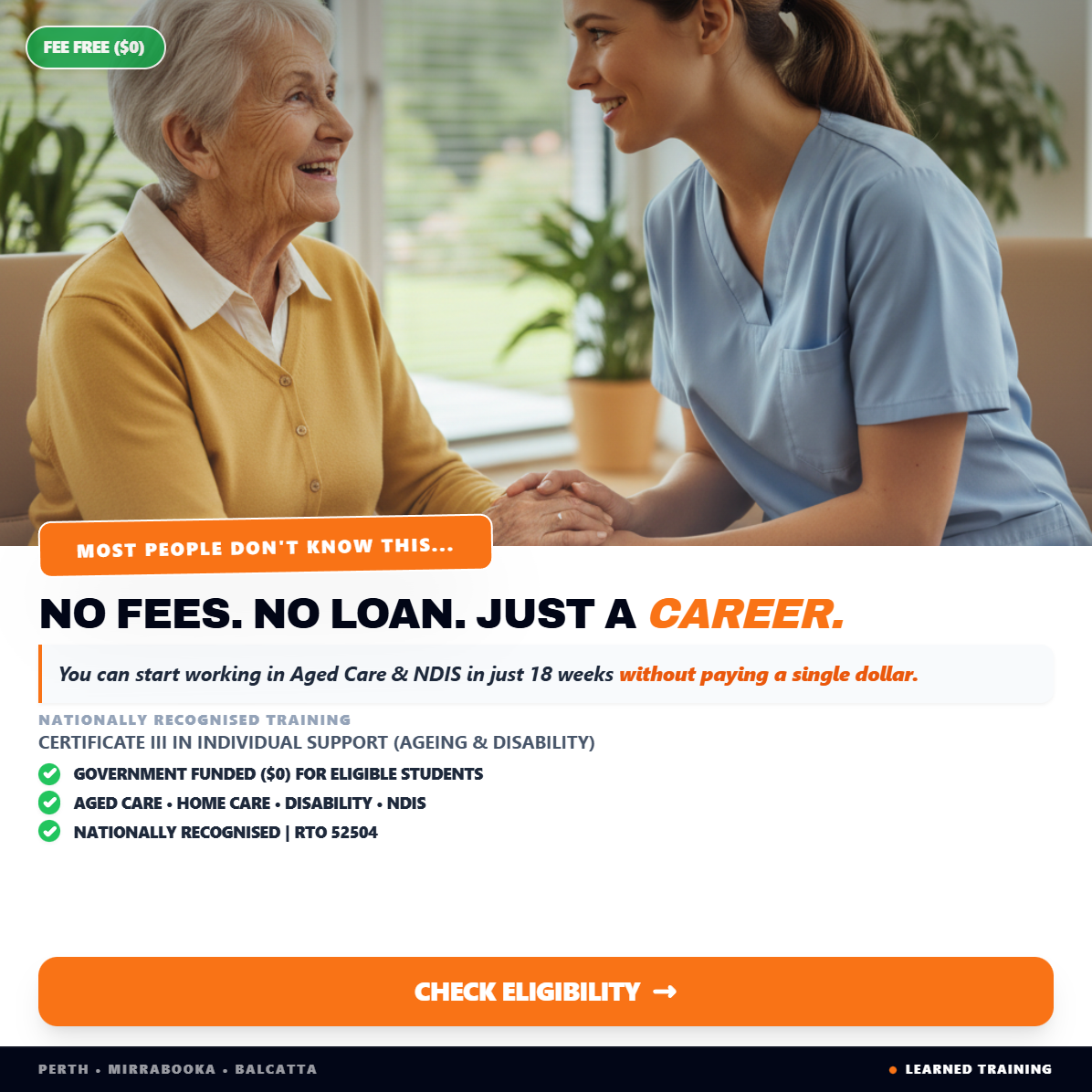 LearnEd Training Facebook ad: $0 Fees - Start Your Career in Aged Care & Disability