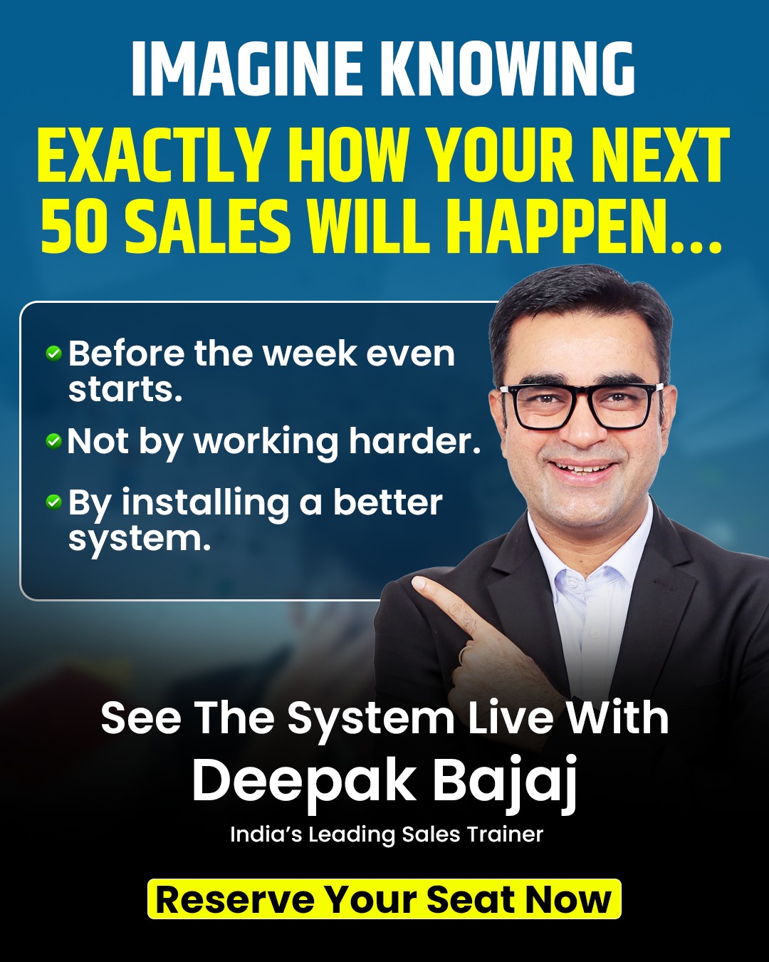 Deepak Bajaj Facebook ad: Stop Chasing Sales. Install a System.