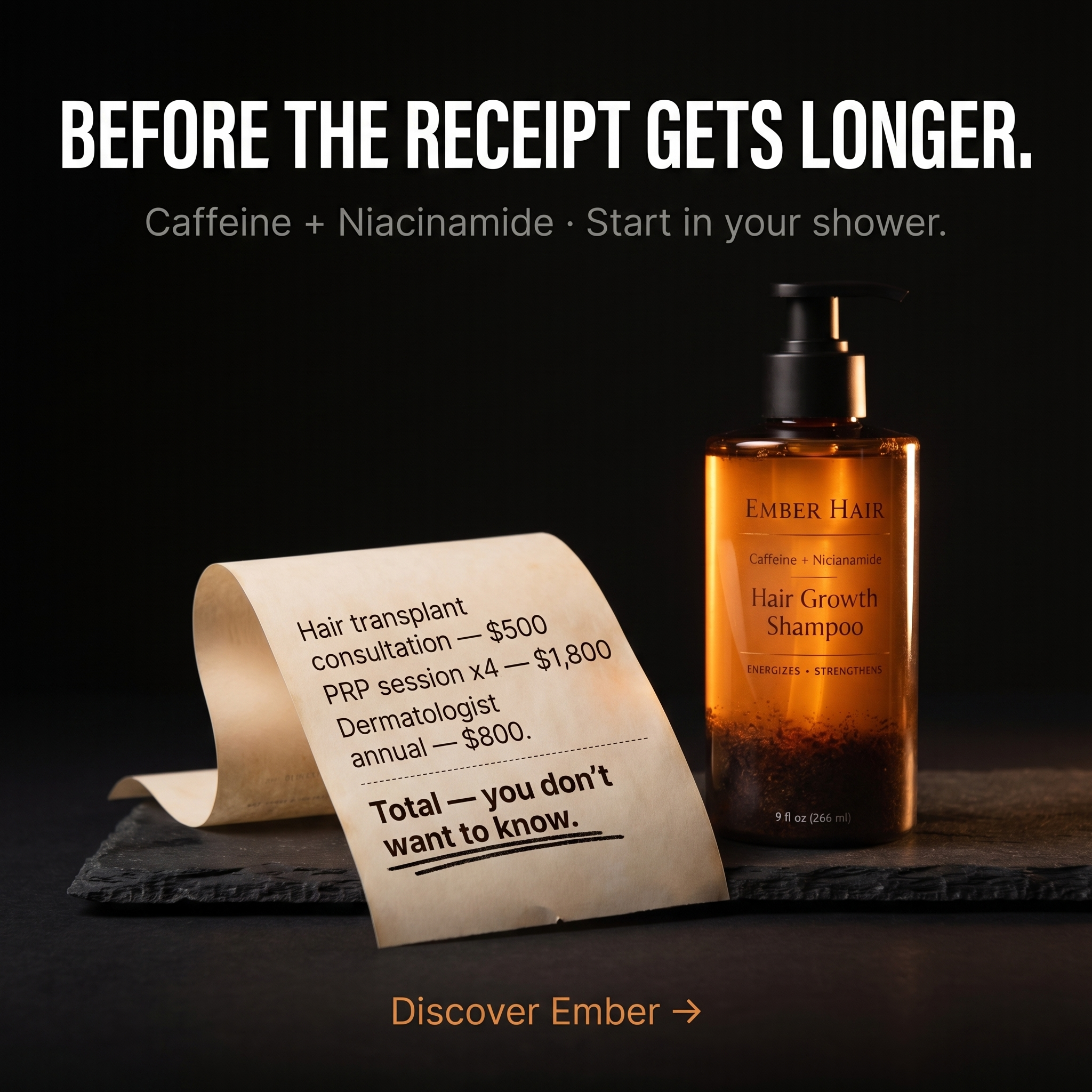 Ember Hair Co. Facebook ad: PRP costs $3,500 a year. Your shower costs a lot less.