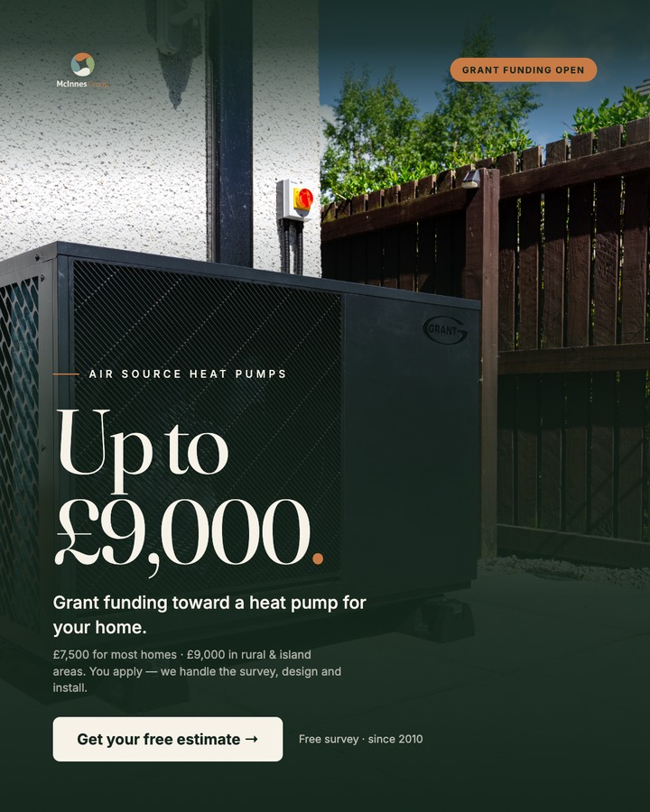 McInnes Group Facebook ad: Up to £9,000 Toward Your Heat Pump