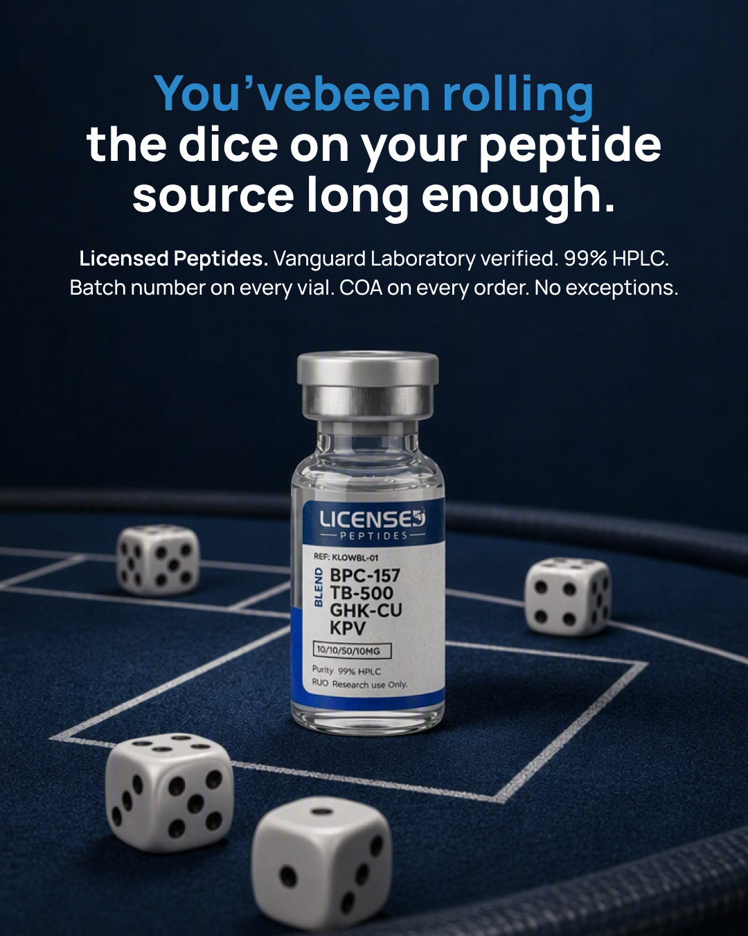 LicensedPeptides.com Facebook ad: Don't Gamble with Your Peptide Quality