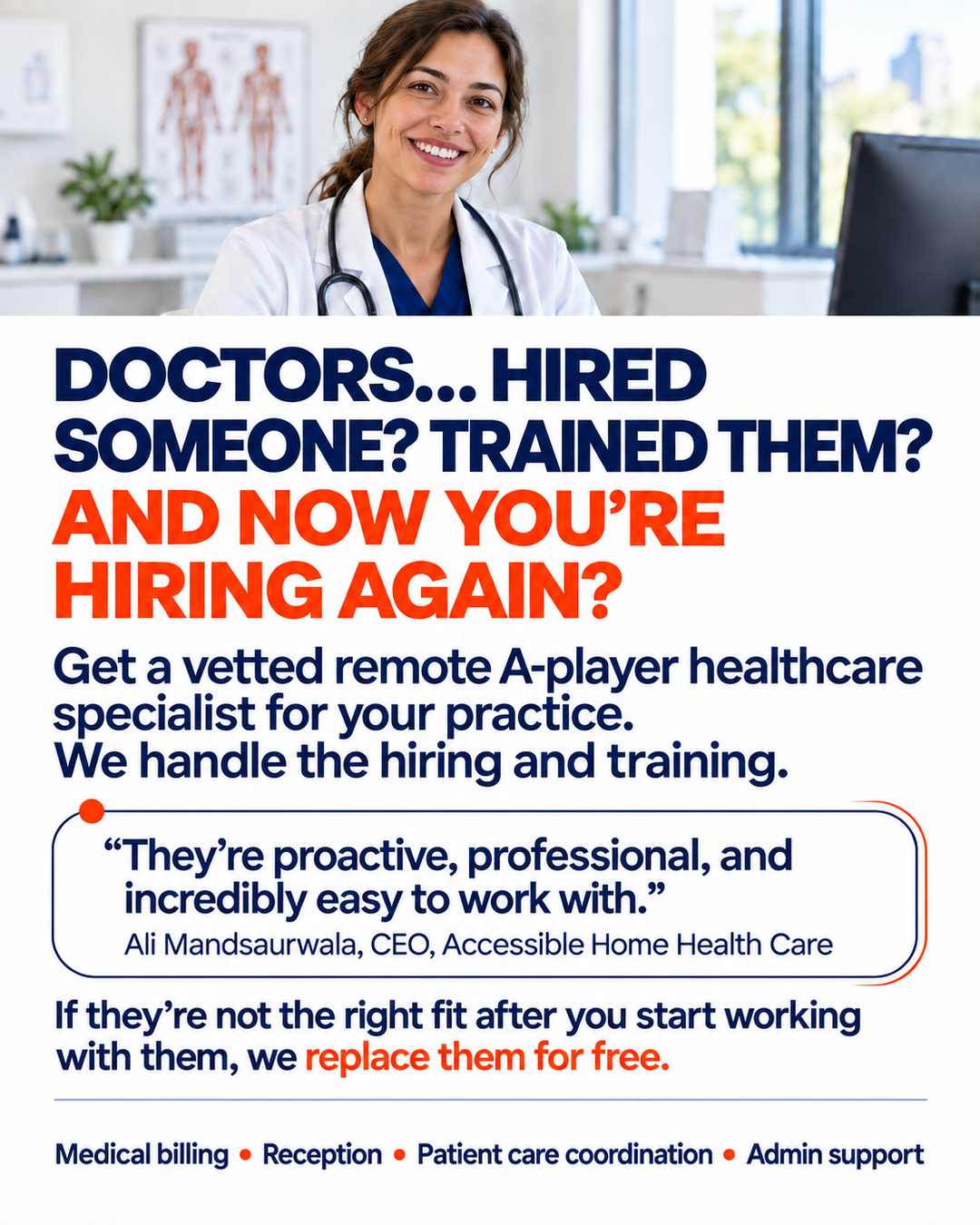 The Coordinators Facebook ad: Pre-vetted remote healthcare staff. Your EMR. Your…