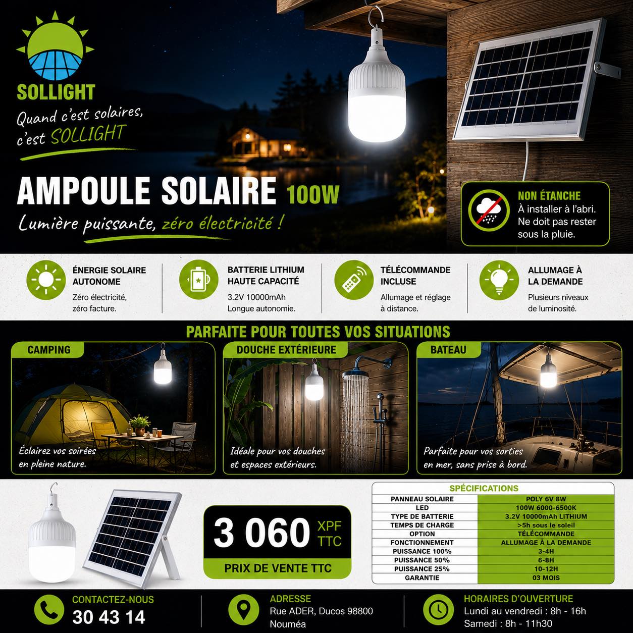 Sollight Nouvelle-Caledonie Facebook ad: AMPOULE LED SOLAIRE 100W
