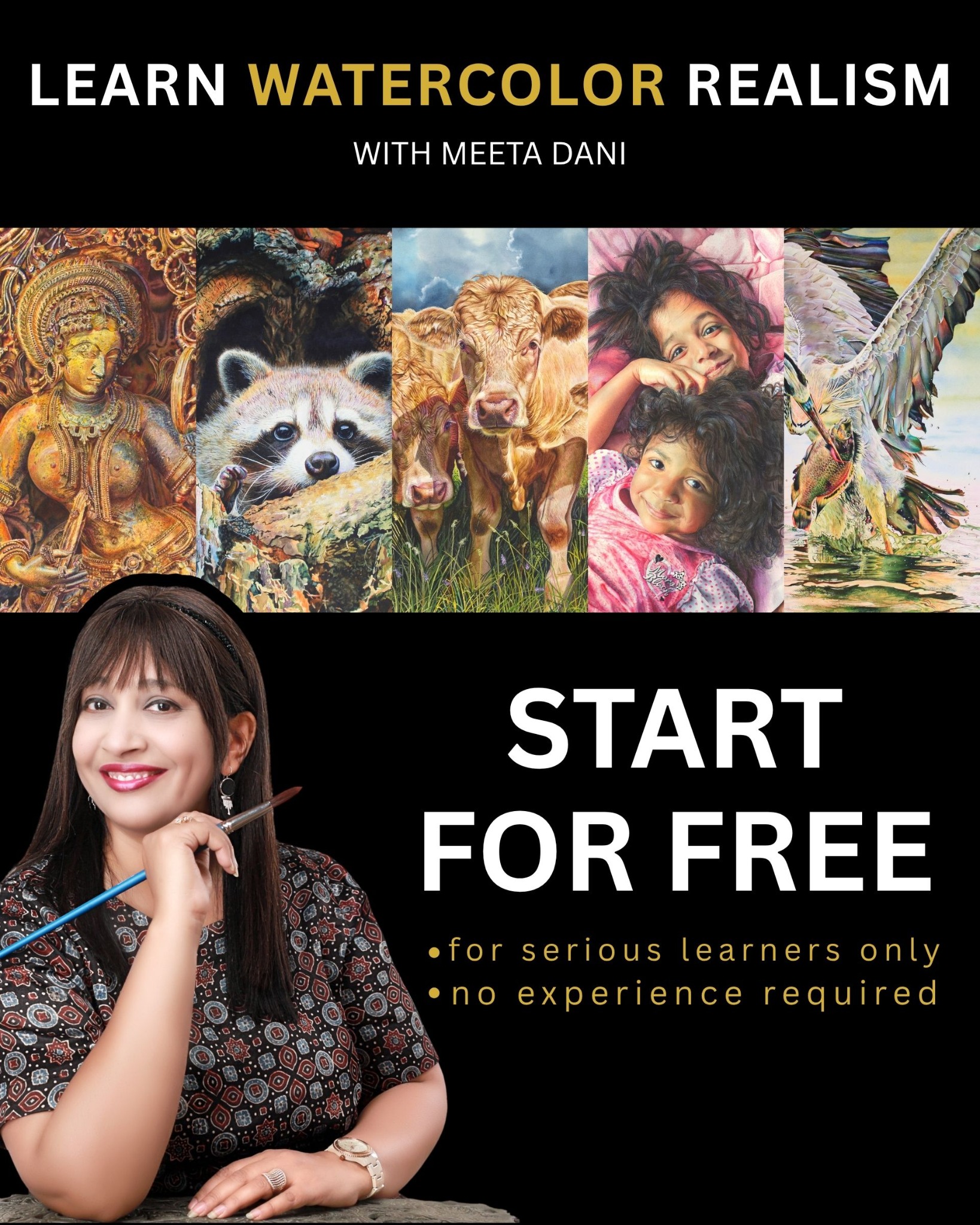 Meeta Dani Facebook ad: Start learning watercolor realism for free today!