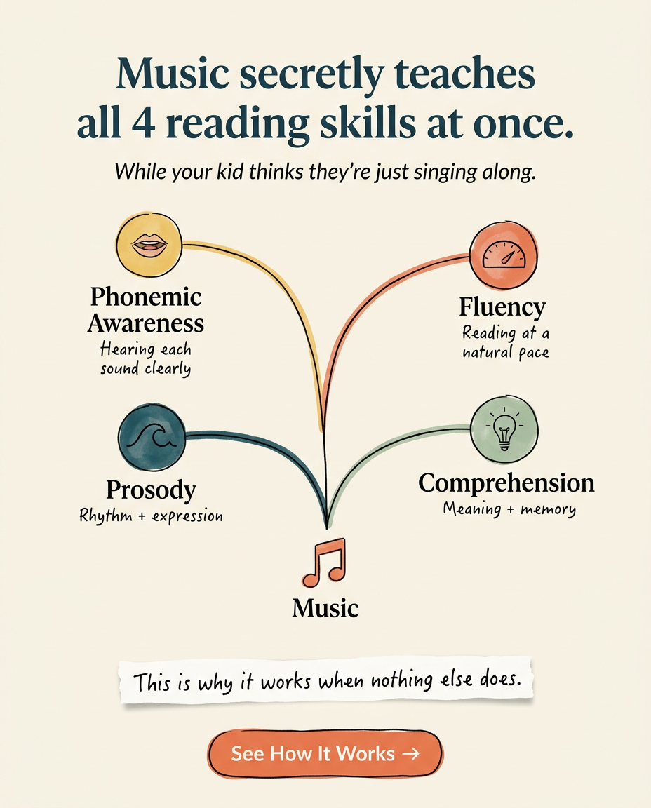 TUNE Into Reading Facebook ad: All 4 reading skills, taught at once.