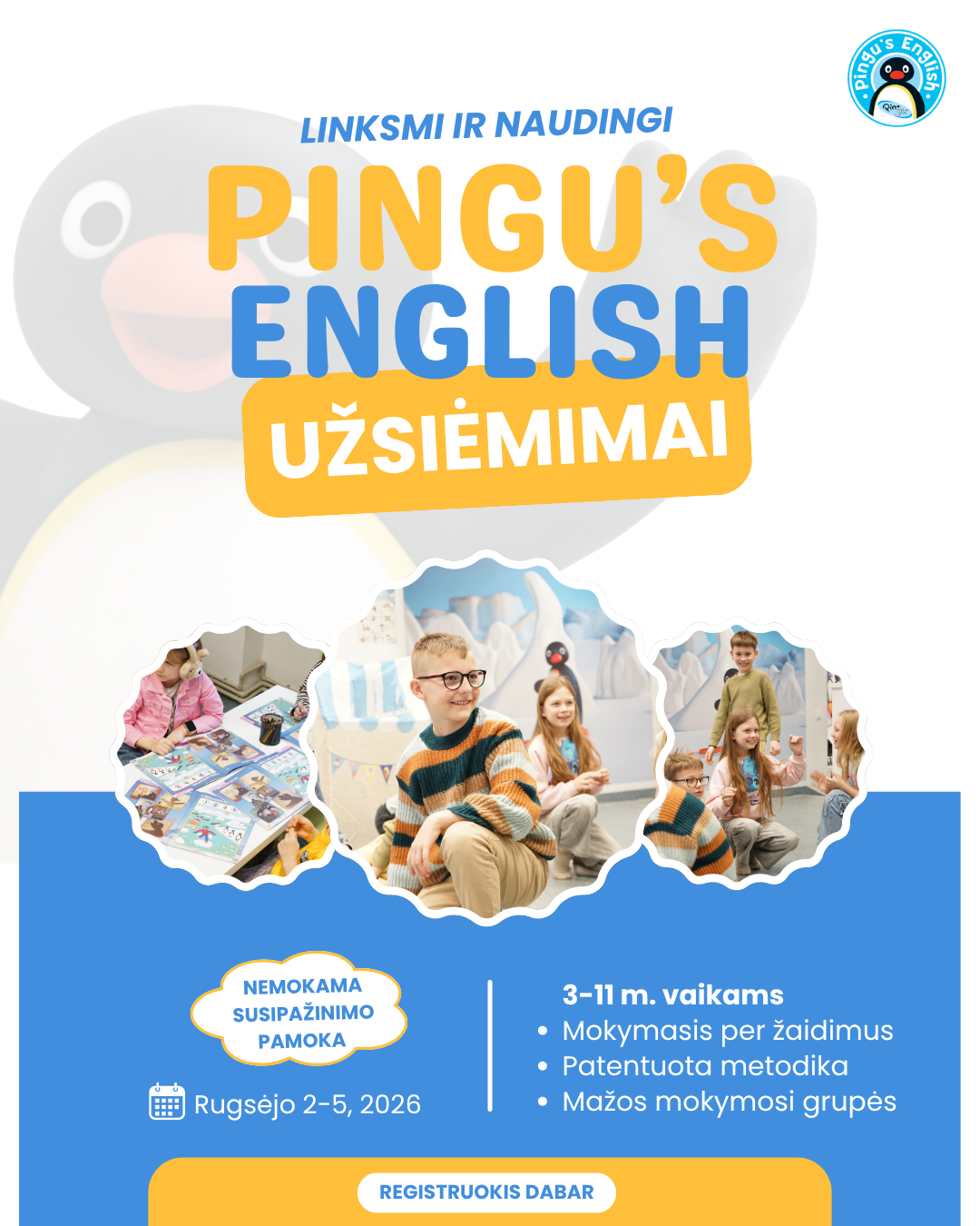 Pingu's English Kaunas Facebook ad: Anglų kalbos pamokos 3-12 metų vaikams Kaune