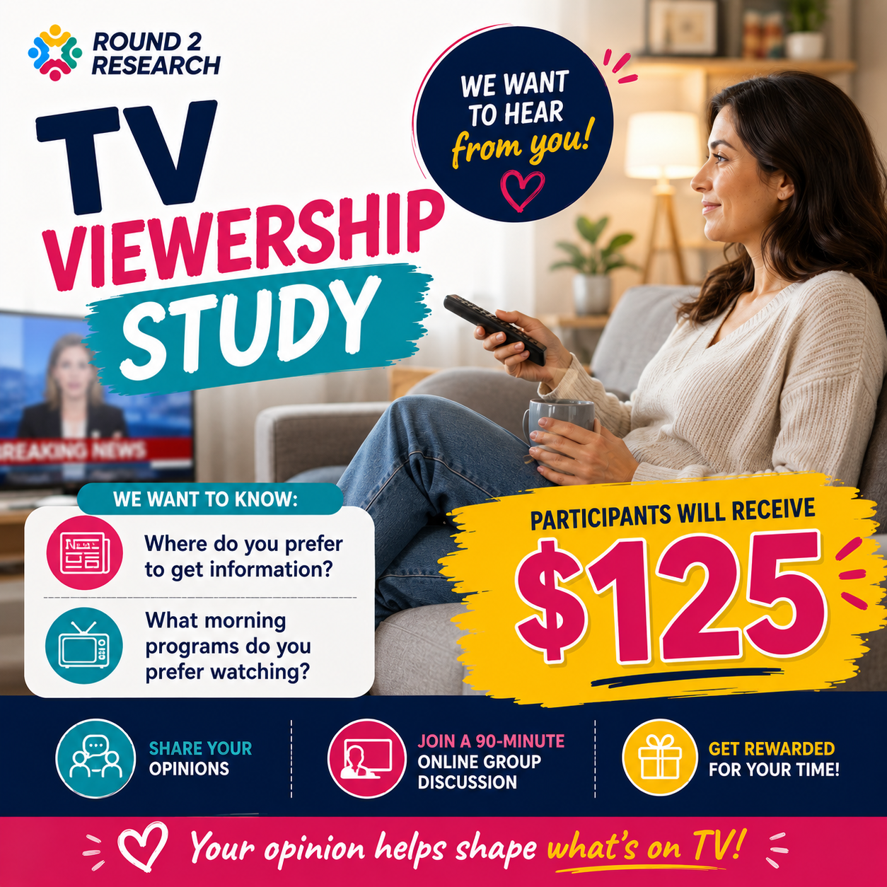 Round2Research Facebook ad: TV Viewership Study - $125 Reward