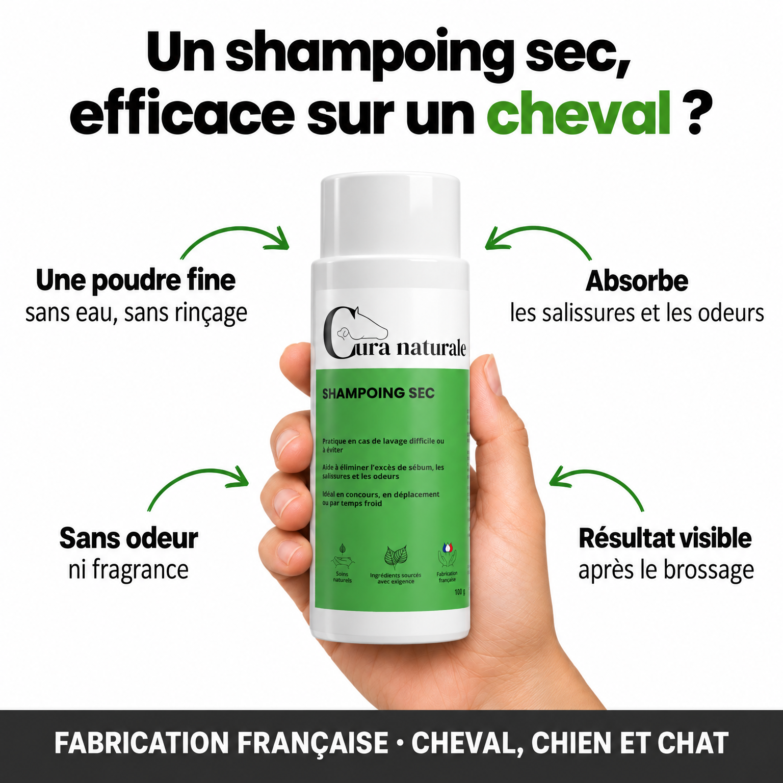 Cura naturale Facebook ad: Shampoing sec pour cheval · Sans eau