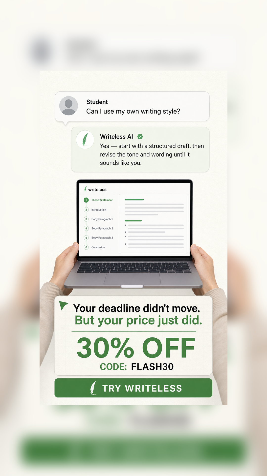 Writeless AI Facebook ad: 30% Off Writeless AI Today