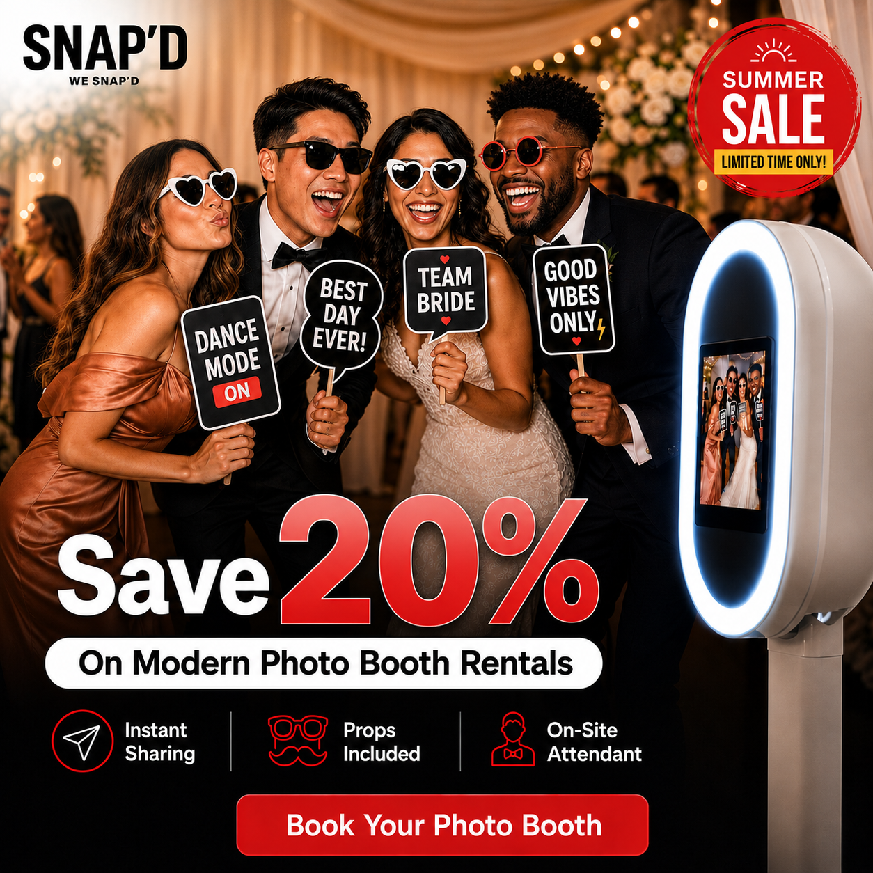 Snap’d - Photo-Booth Rental Facebook ad: Open Air Photo Booth From $299