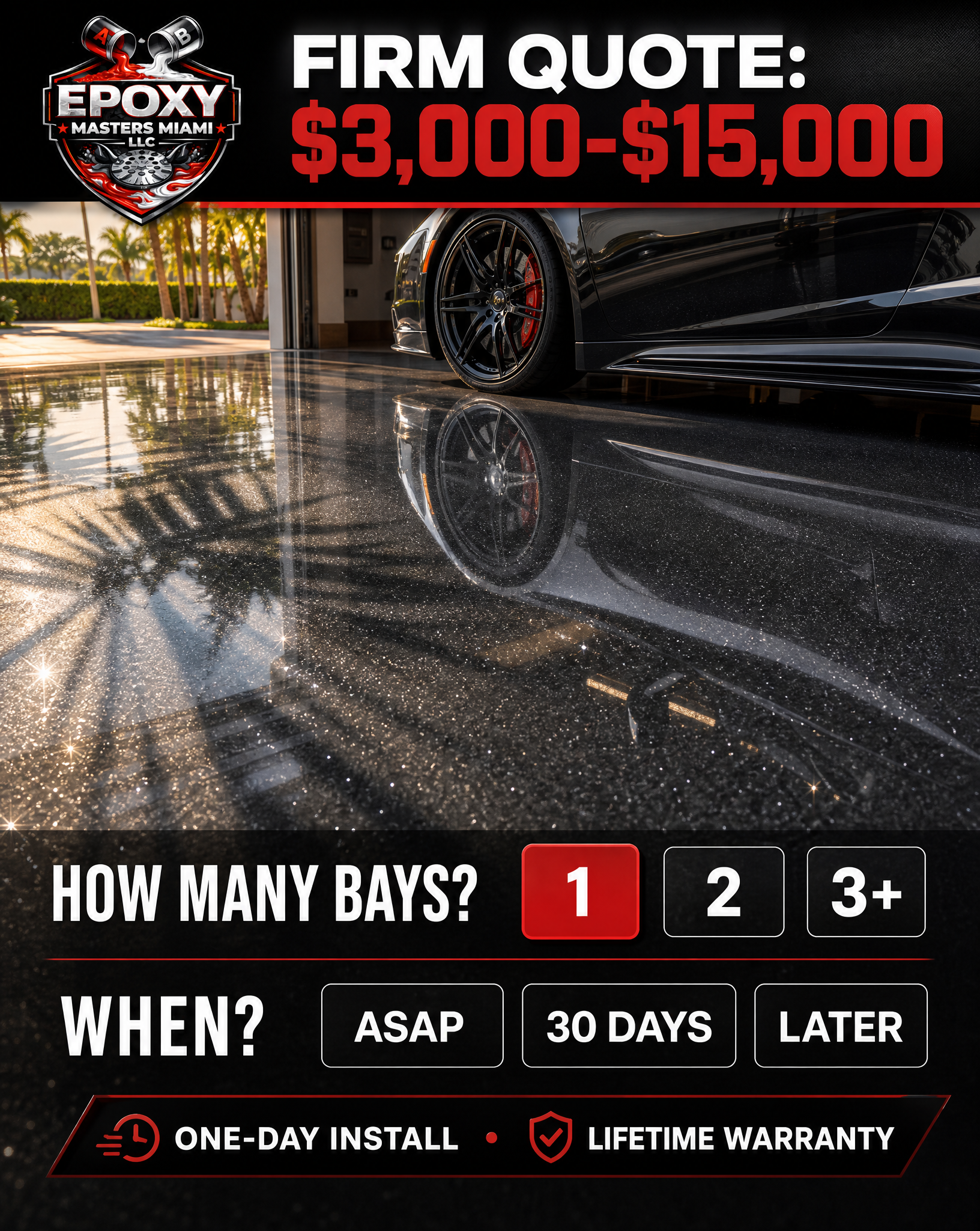 Epoxy masters miami Facebook ad: Miami garage quote, one day install