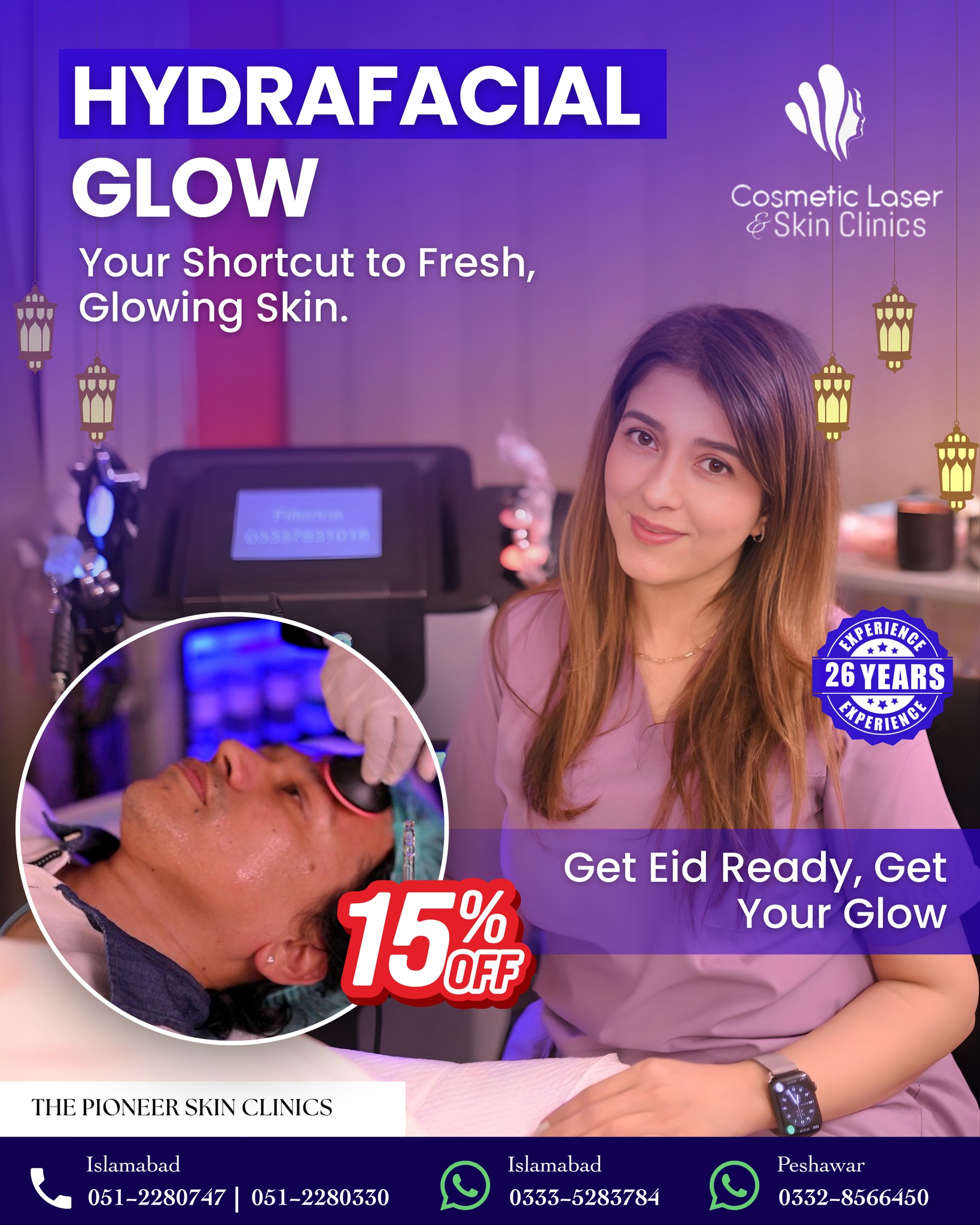 Cosmetic Laser & Skin Clinic Facebook ad: HydraFacial Glow, your shortcut to fresh, glowing skin
