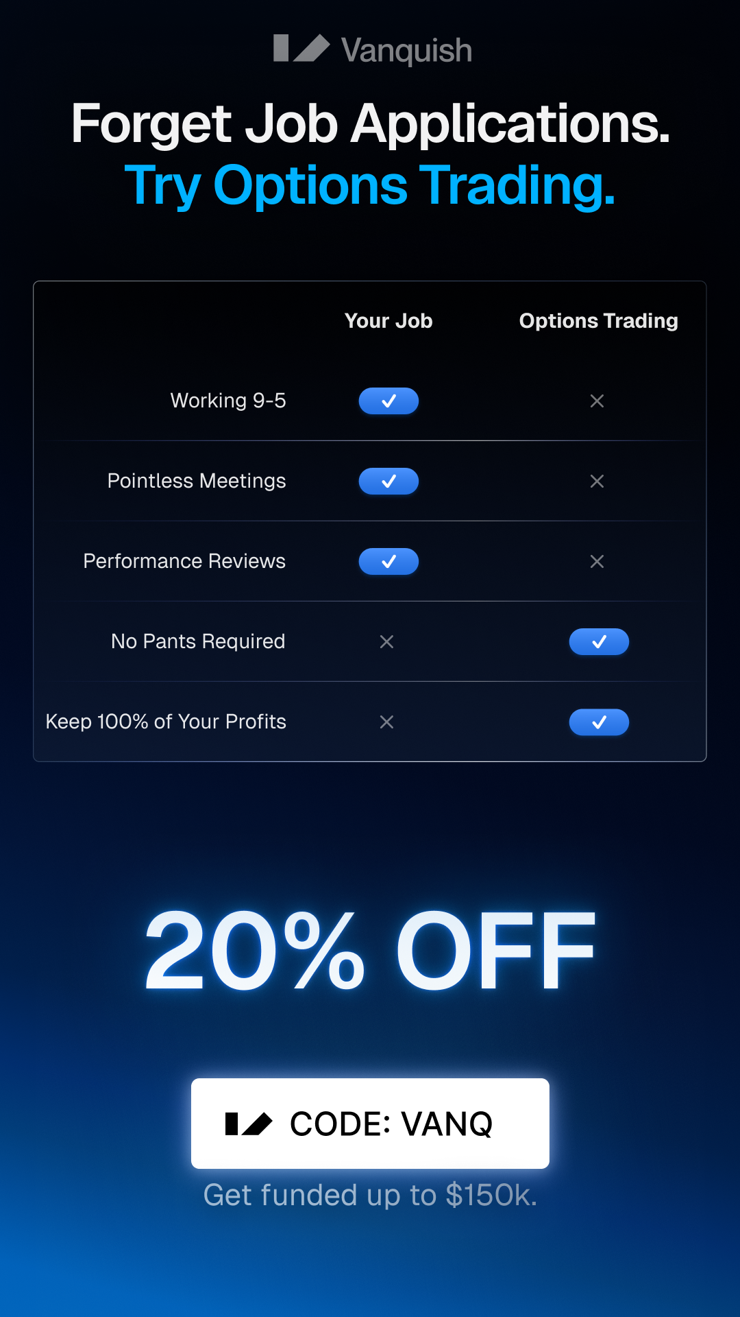 Vanquish Trader Facebook ad: Use code VANQ for 20% OFF