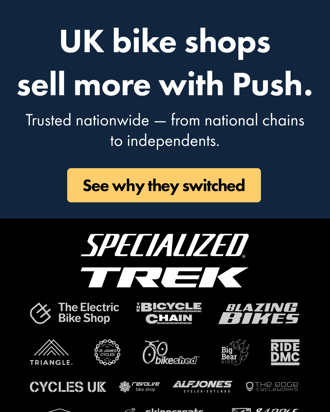 push.bike Facebook ad: Trusted by the UK’s leading retailers.