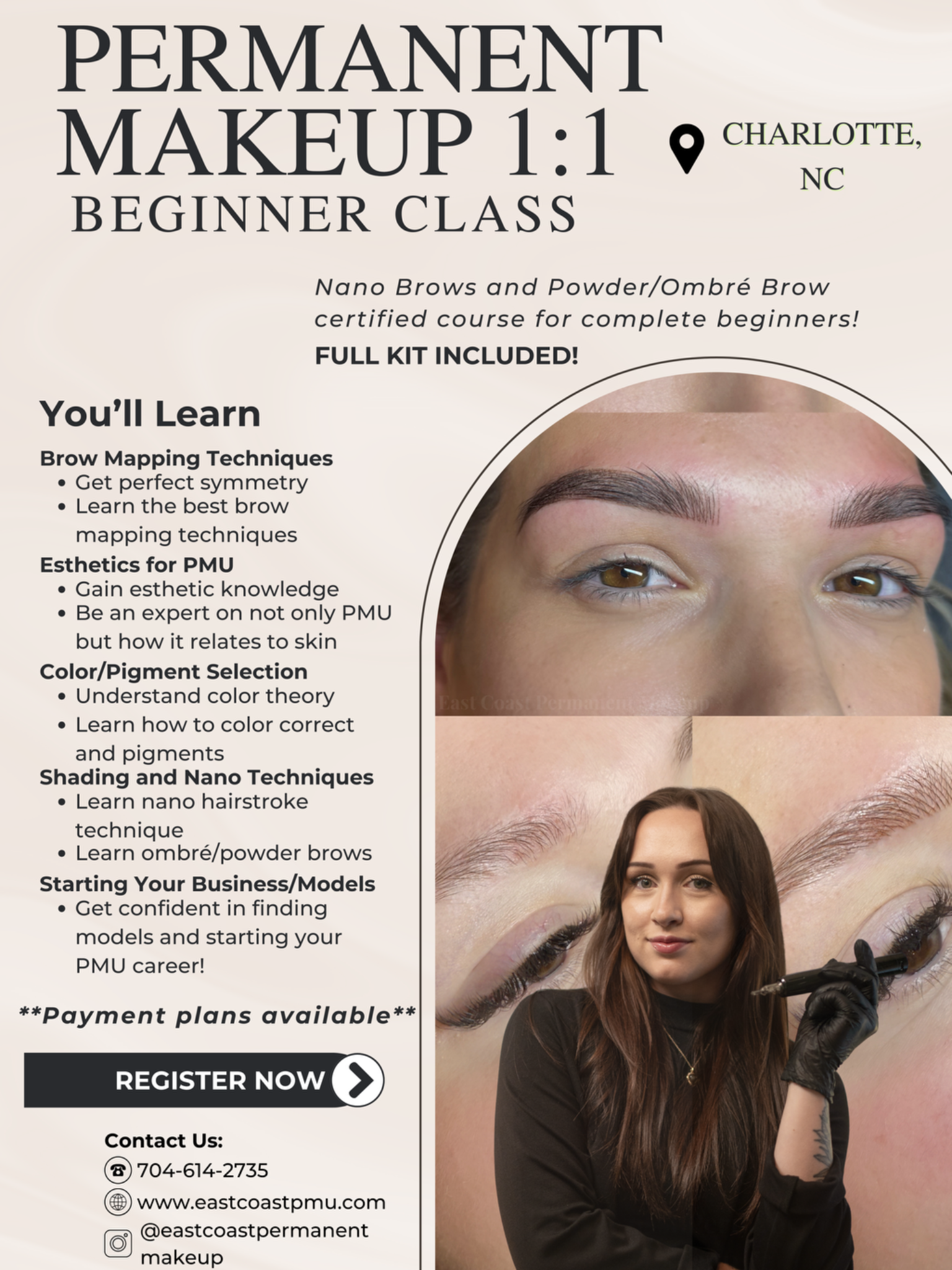 East Coast Permanent Makeup & Academy Facebook ad: Charlotte NC 1:1 Nano/Ombré Brow Training