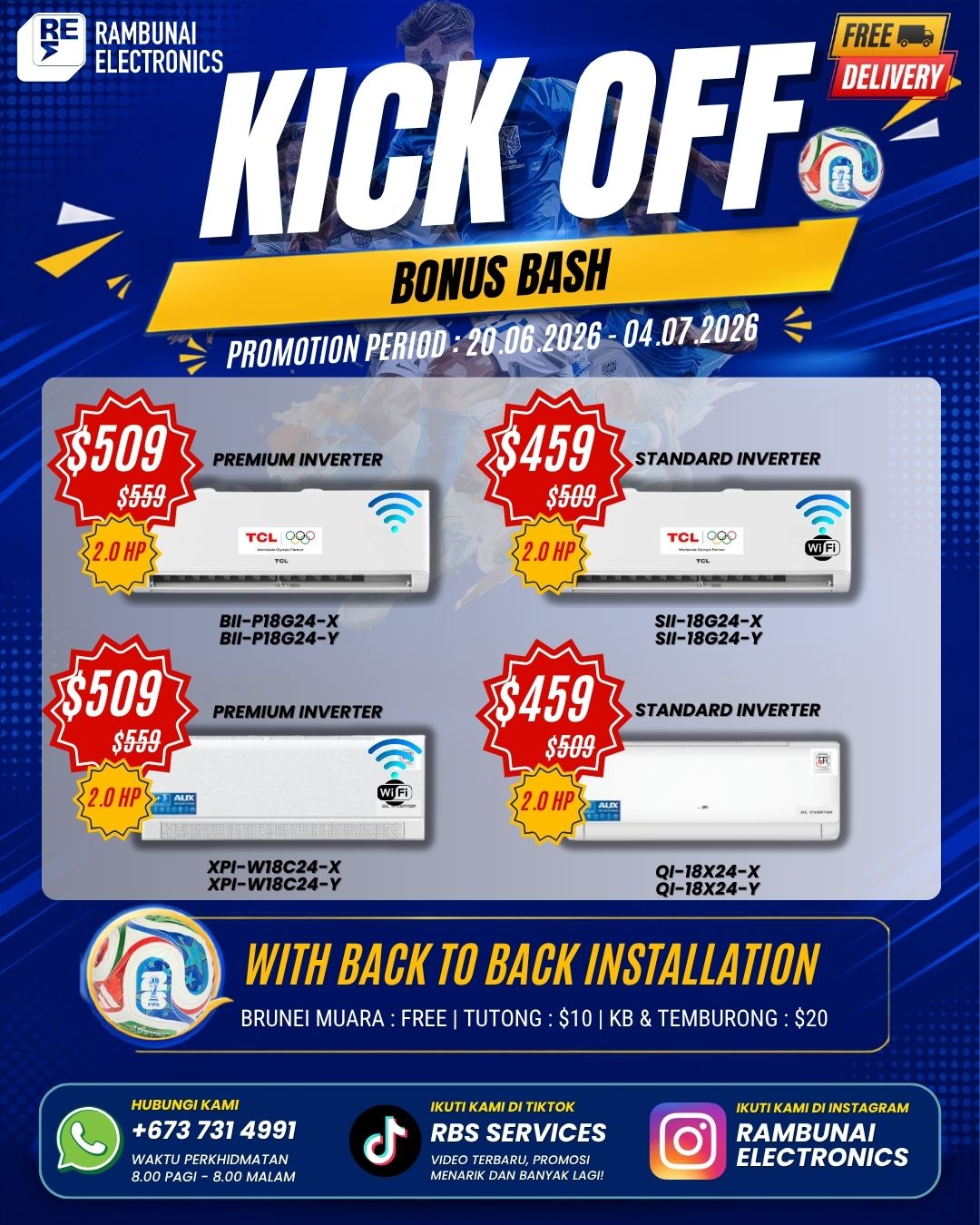 Rambunai Electronics Facebook ad: KICK OFF BONUS BASH, JIMAT BESAR DI RAMBUNAI…
