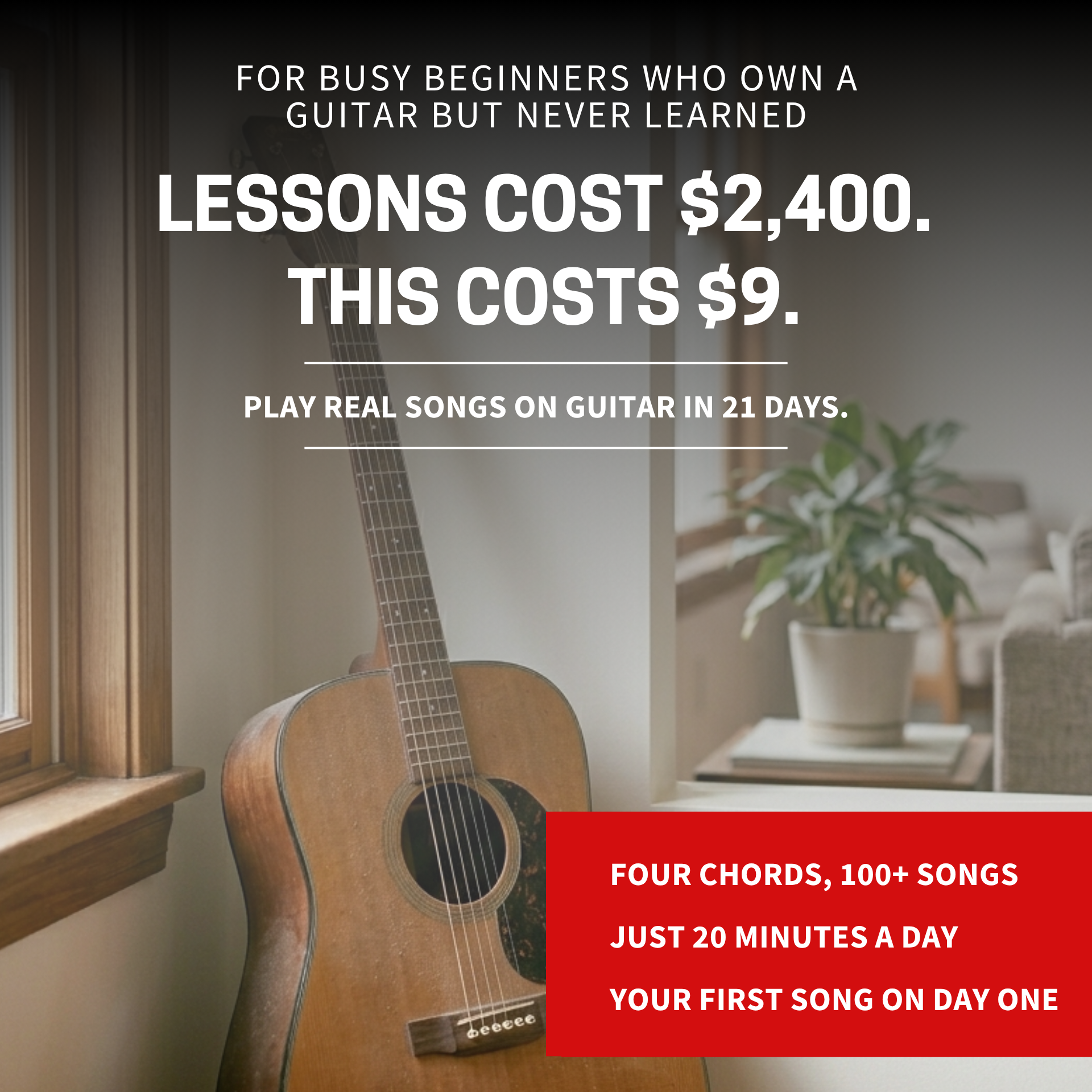 Lean Guitarist Facebook ad: $9 Unlocks 100+ Guitar Songs Today